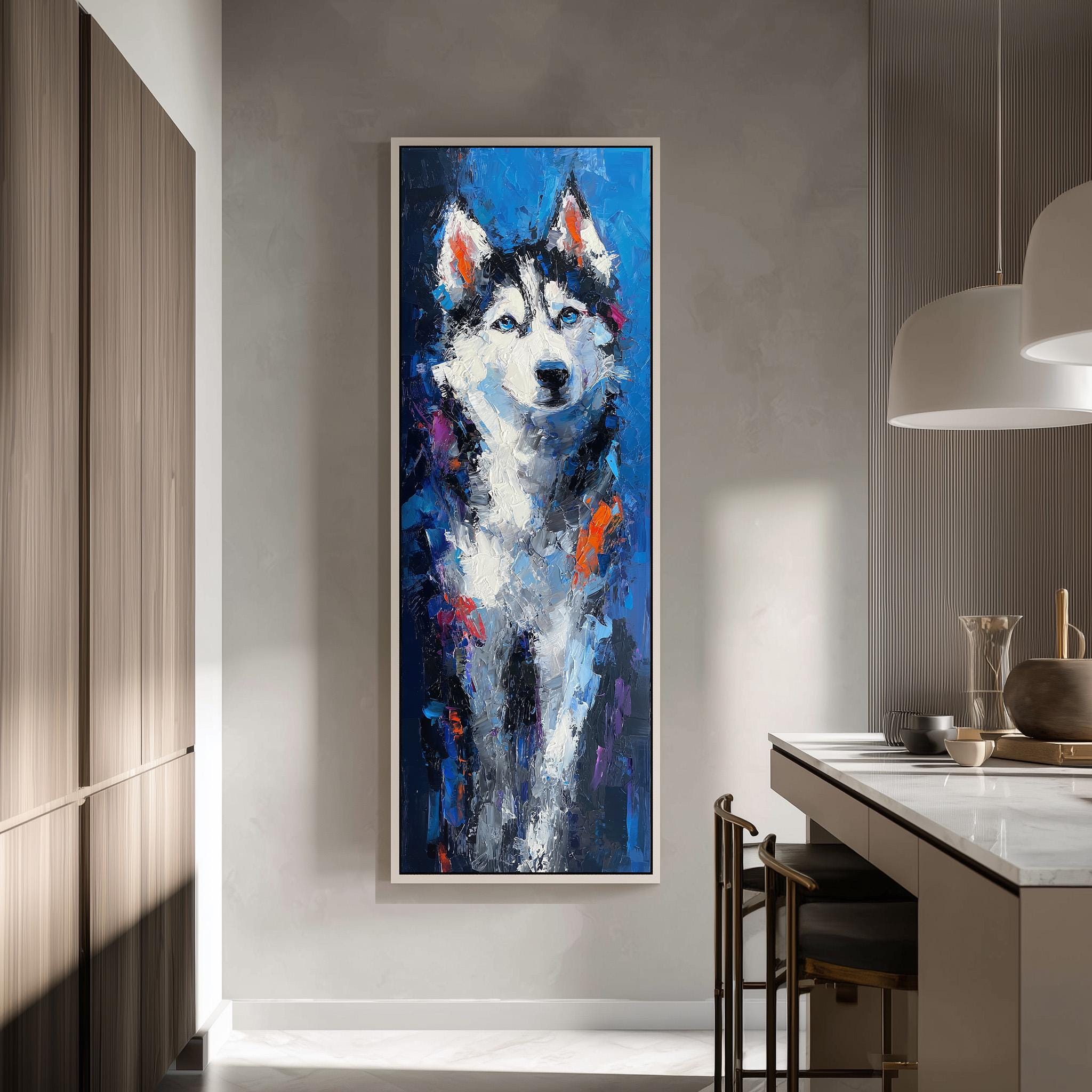 a large, colorful painting of a husky dog hanging on a wall in a modern kitchen.