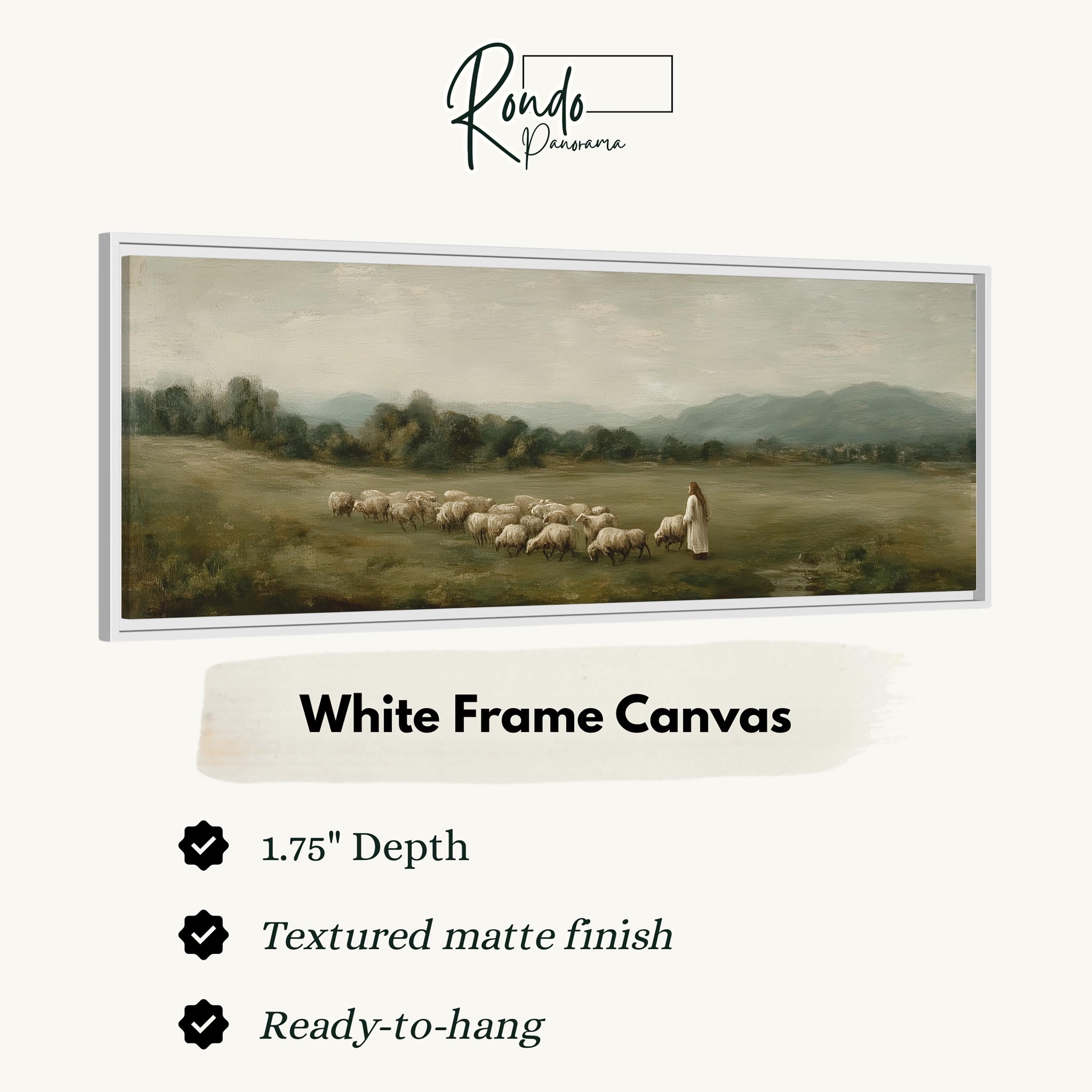 The image is a white frame canvas depicting a pastoral scene with a shepherd tending to his flock of sheep in a grassy field.