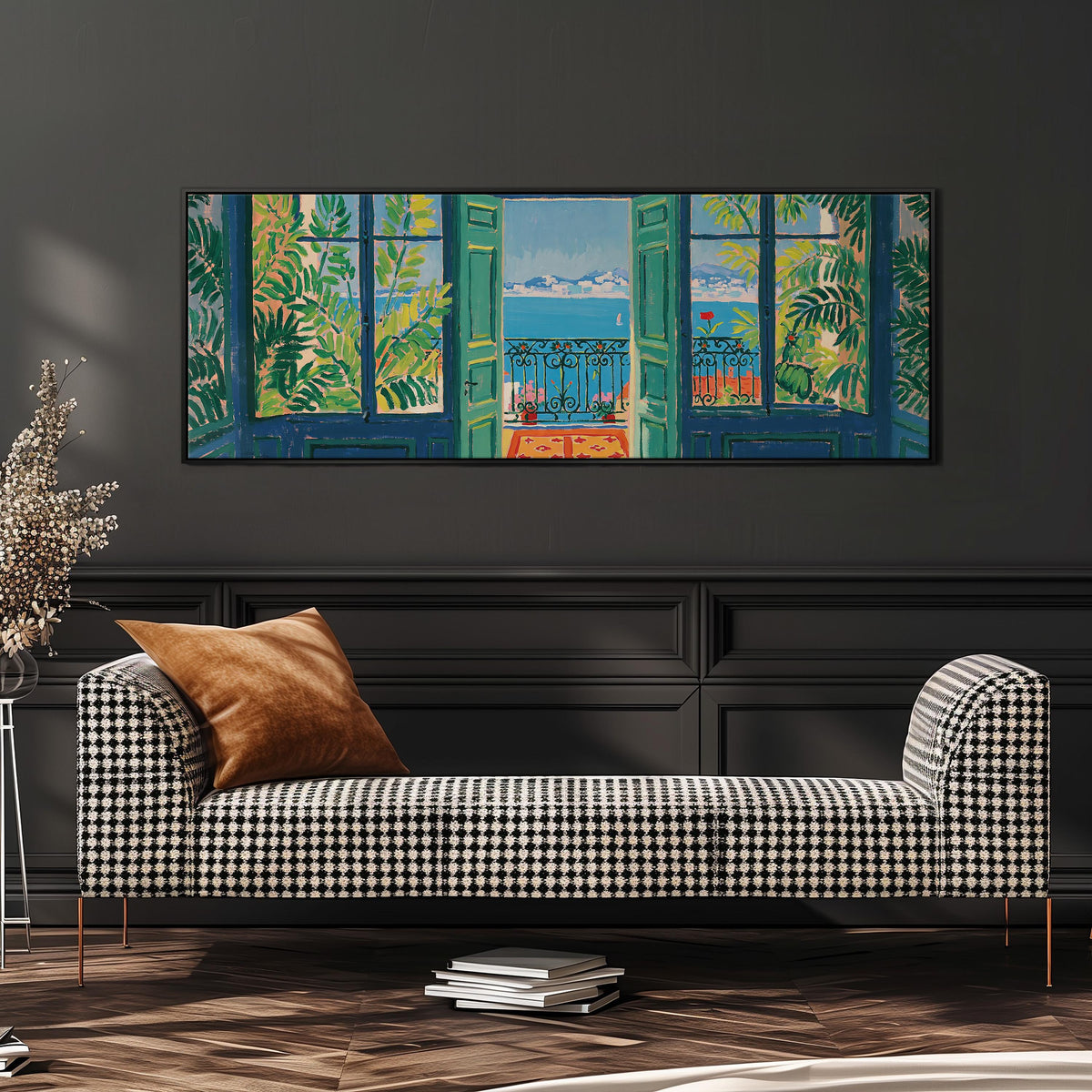 Riviera balcony view through open windows wide panoramic canvas print above a bench in a dark living room