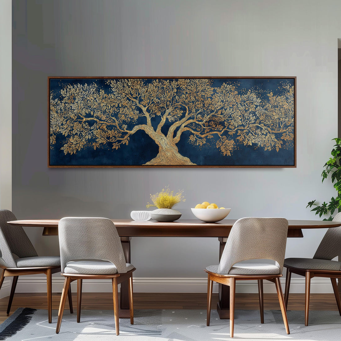 a large, ornate tree painting hanging on a dark wall above a black and white checkered sofa with a brown throw pillow.