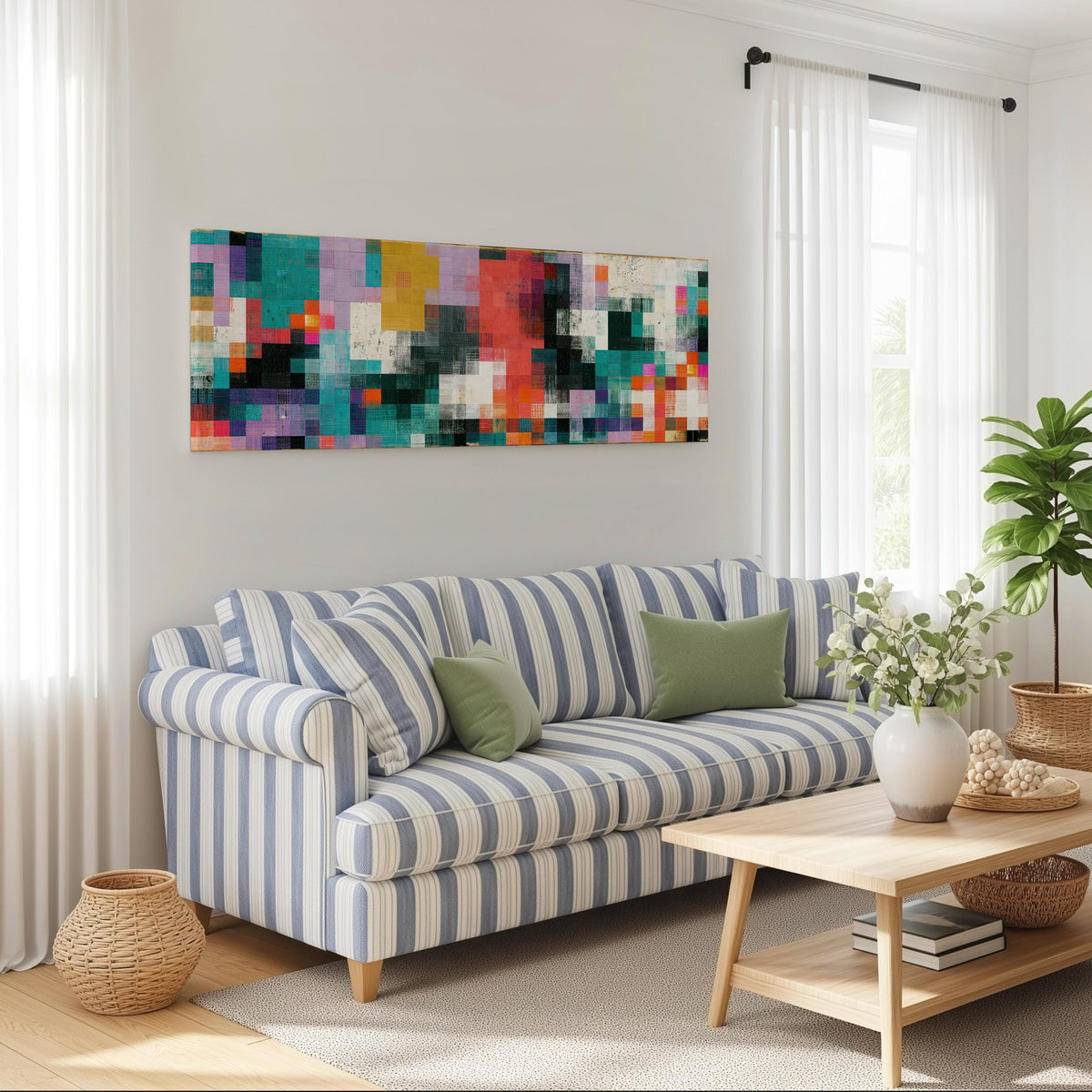Teal and coral patchwork color blocks long horizontal canvas print above a striped sofa in a coastal living room