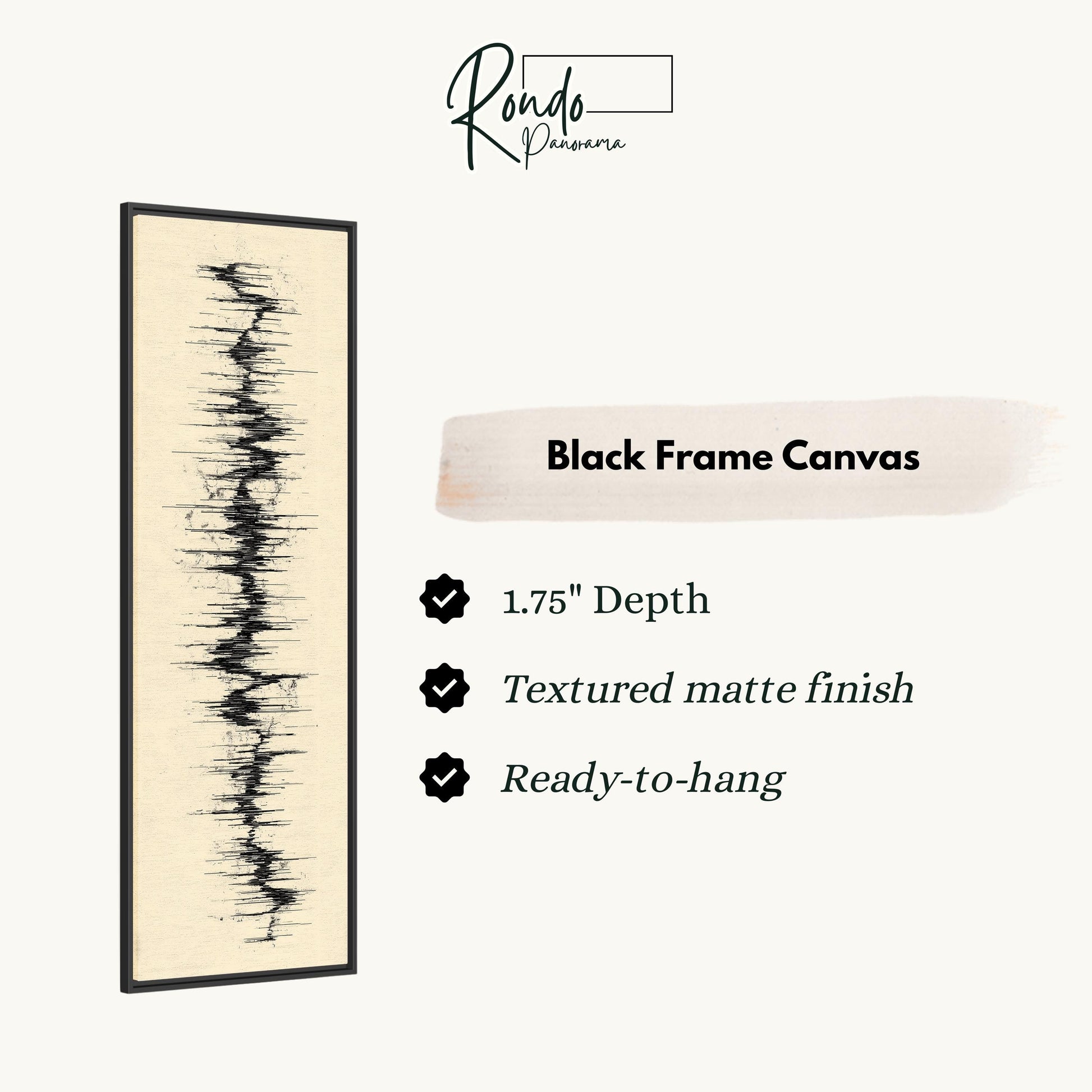 The image is a product description for a black frame canvas. It features a vertical line with a textured finish and a depth of 1.75 inches. The canvas is ready to hang.