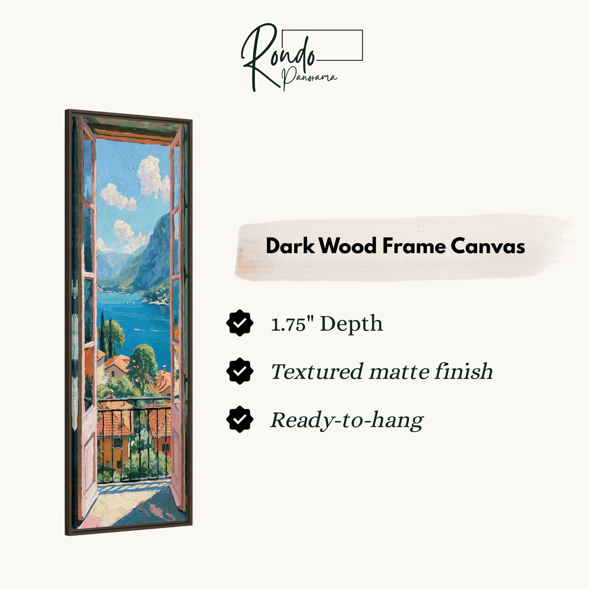 Italian lake view from an open balcony door canvas print in a dark wood floating frame
