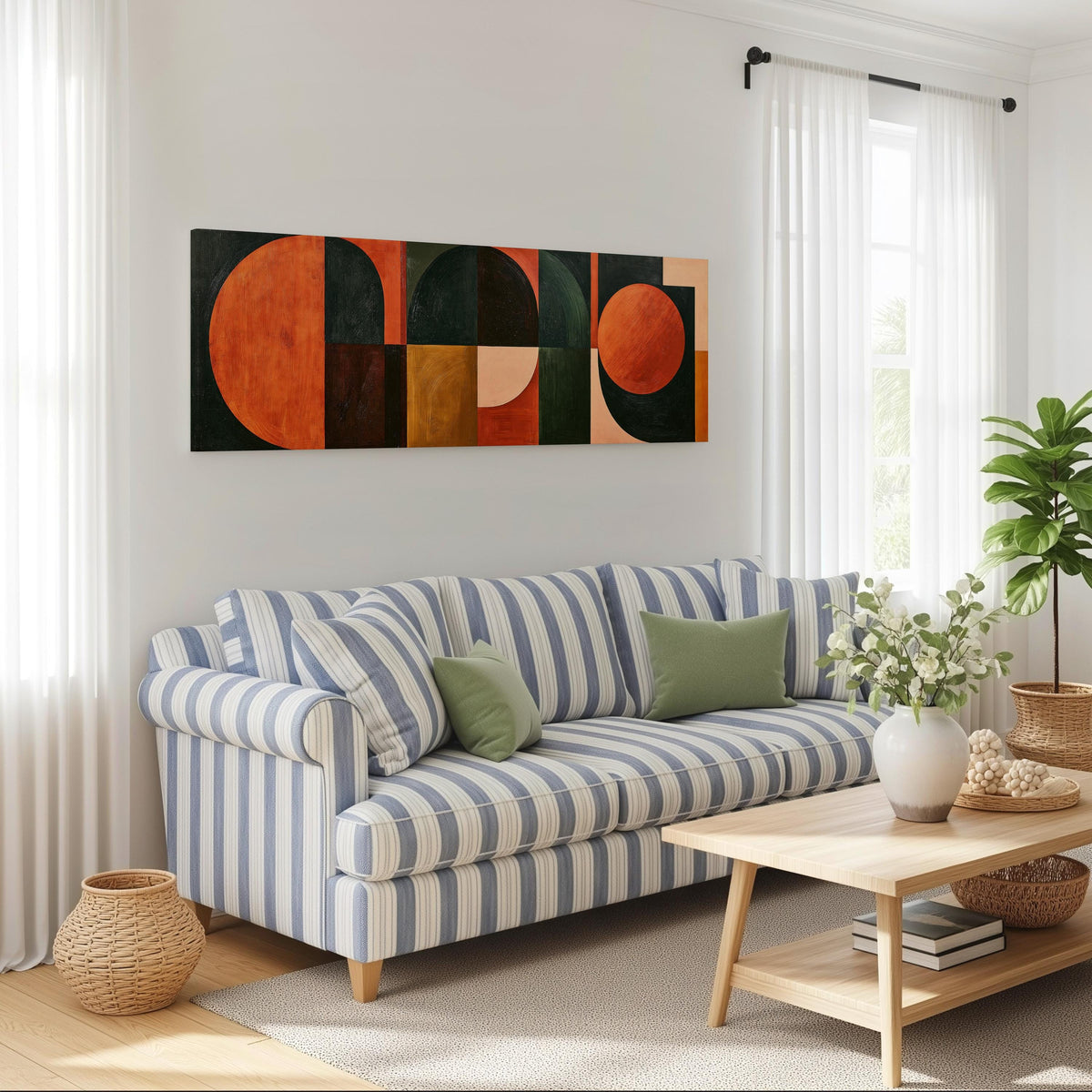 Orange circles and arches on forest green long horizontal canvas print above a striped sofa in a coastal living room