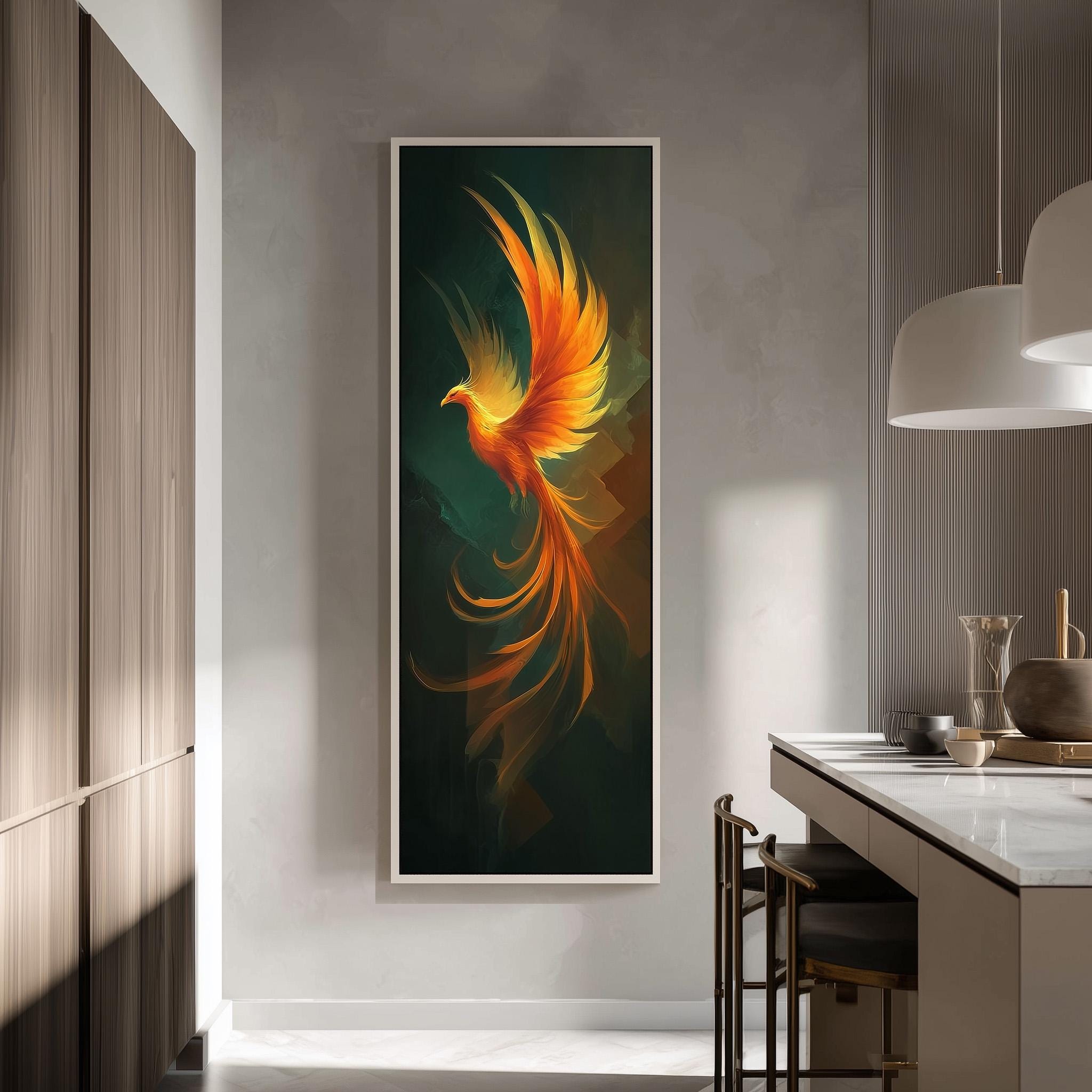 a large, vibrant painting of a phoenix in flight, hanging on a wall in a modern, minimalist kitchen setting.