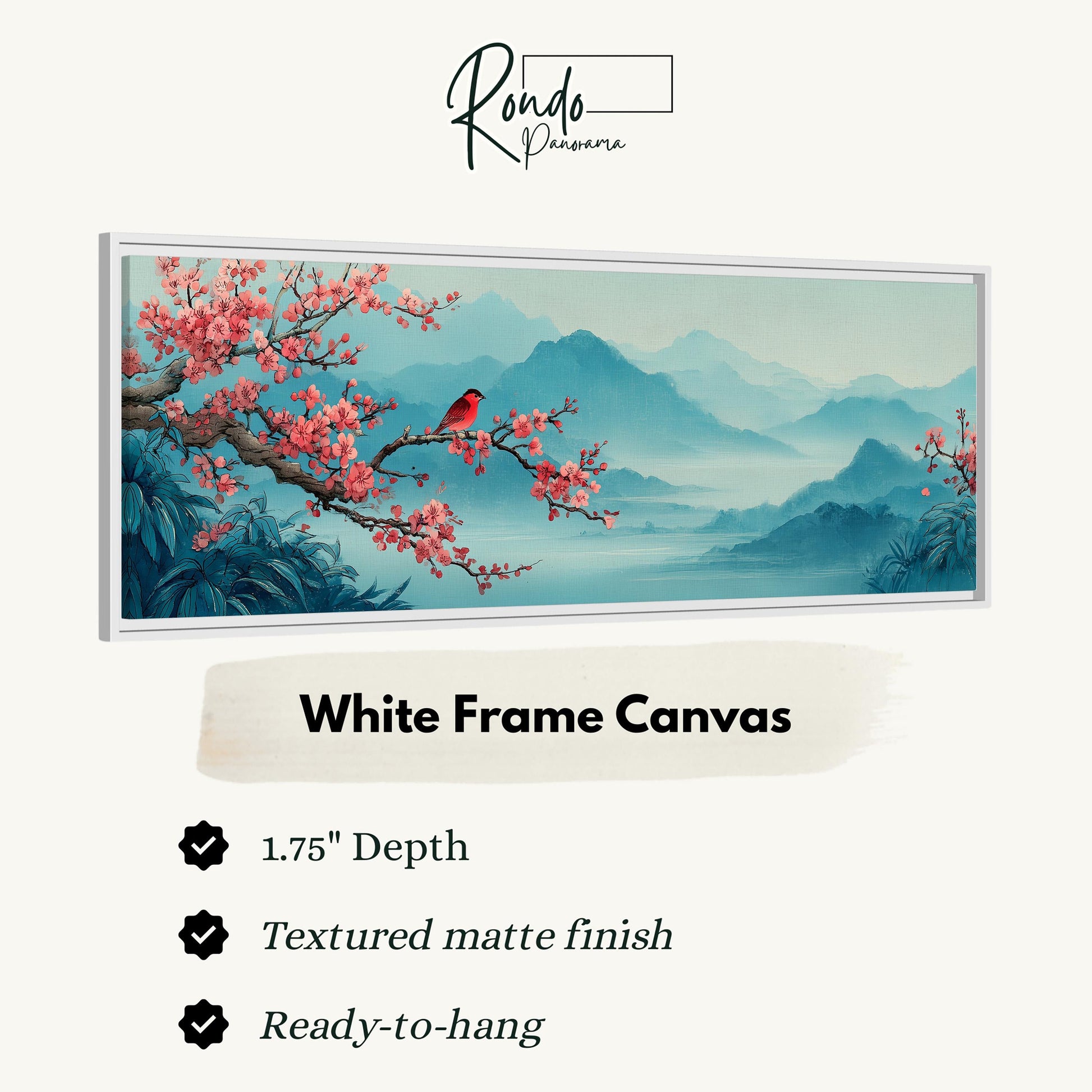 The image is a framed artwork depicting a serene landscape with a bird perched on a branch and pink flowers blooming in the background. The artwork is described as a "White Frame Canvas" with a "1.75" depth, a "Textured matte finish", and "Ready-to-hang".