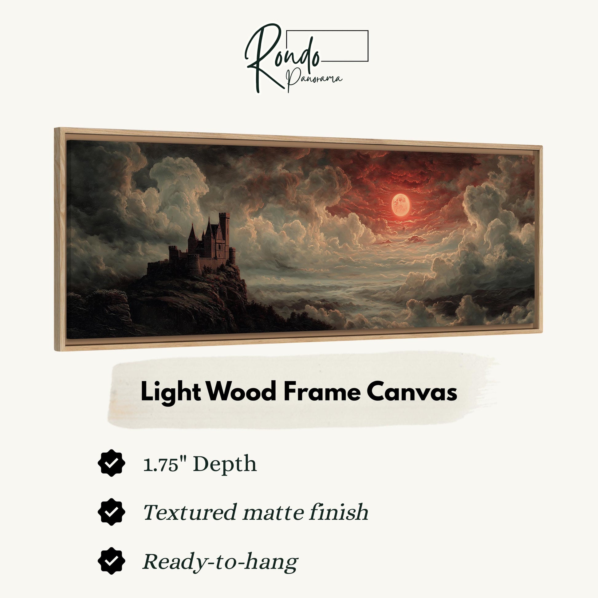 The image is a painting of a castle on a cliff, with a red sky and clouds in the background. The painting is framed in a light wood frame and is described as a light wood frame canvas.