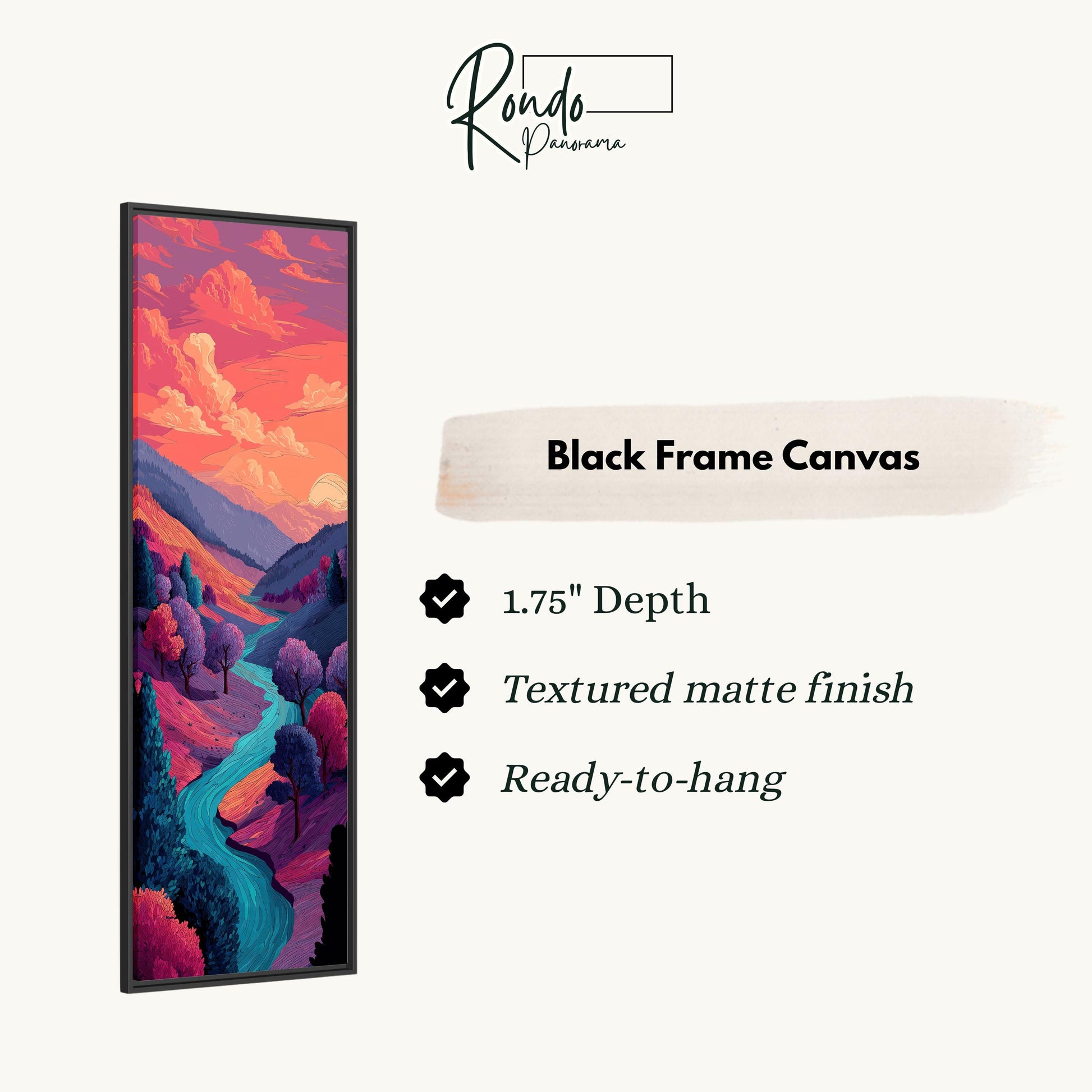 The image is a black frame canvas depicting a colorful landscape with a river and mountains.