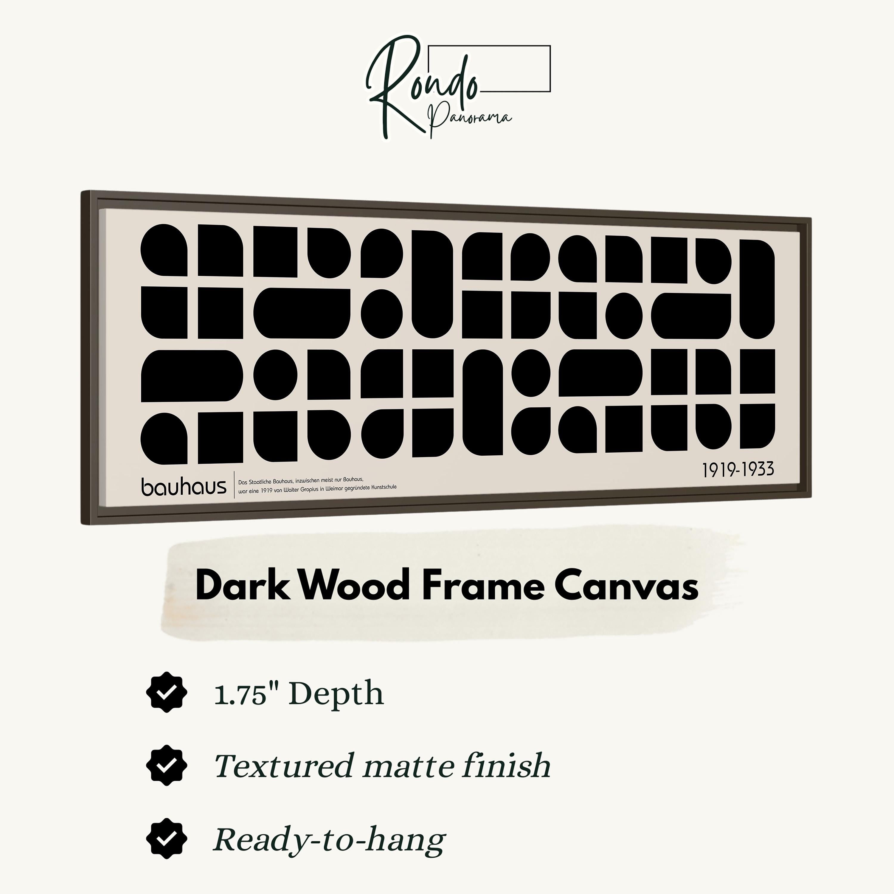 The image is a dark wood frame canvas with a geometric pattern of black shapes.