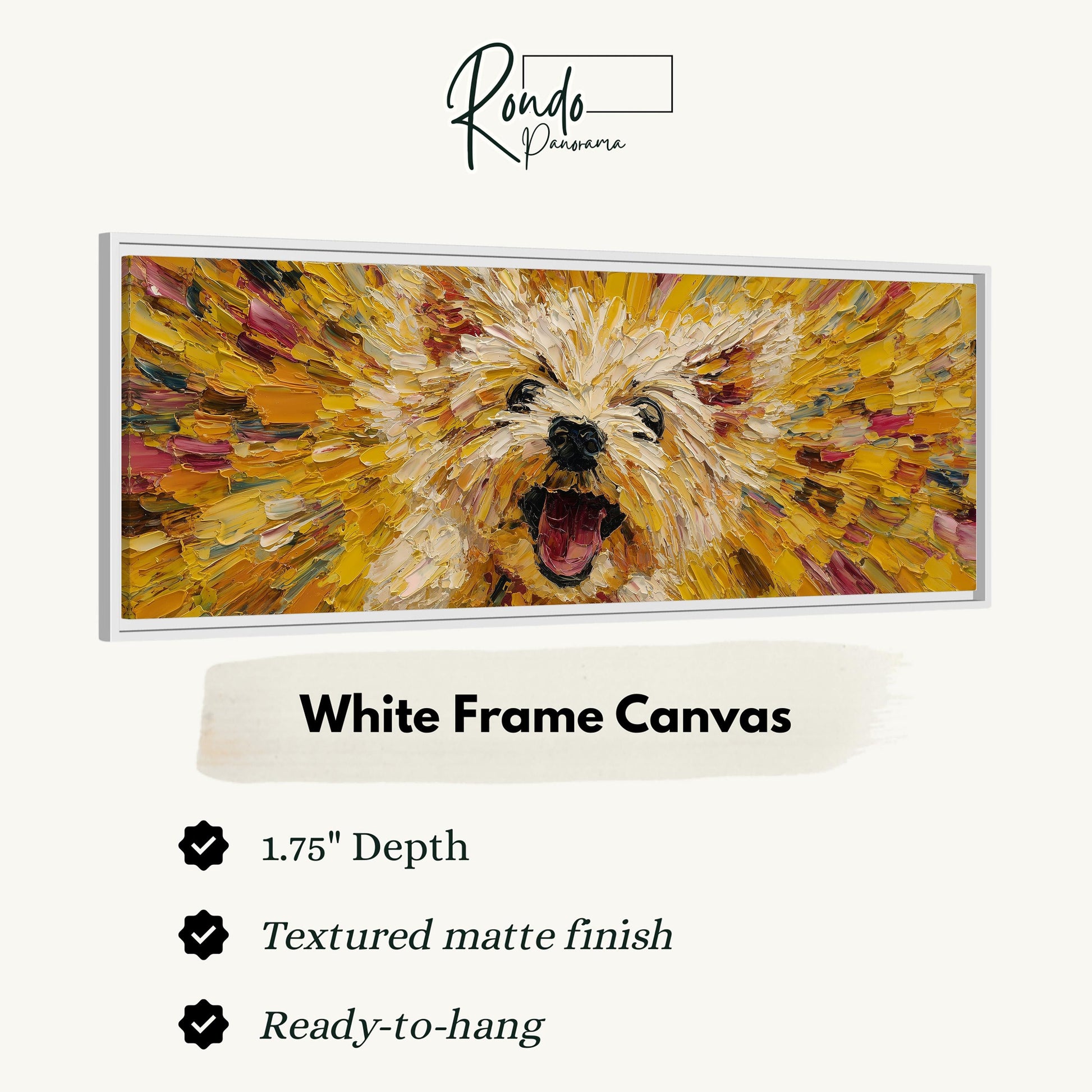 The image is a close-up of a white frame canvas featuring a painting of a dog with an open mouth.