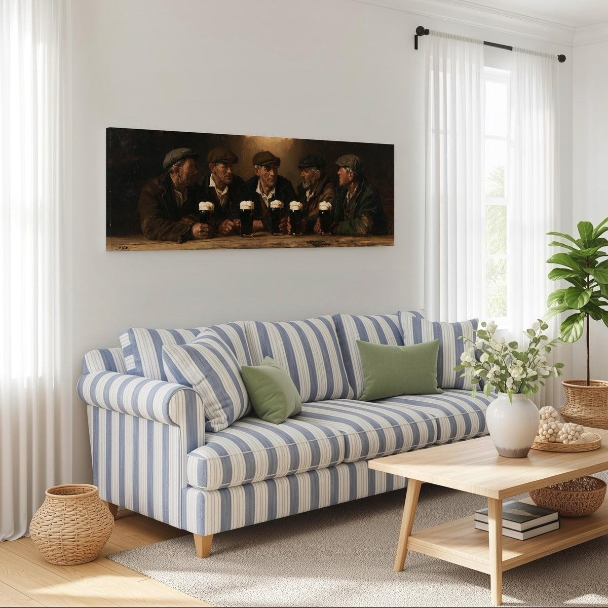 Friends toasting with stout in an Irish pub long horizontal canvas print above a striped sofa in a coastal living room