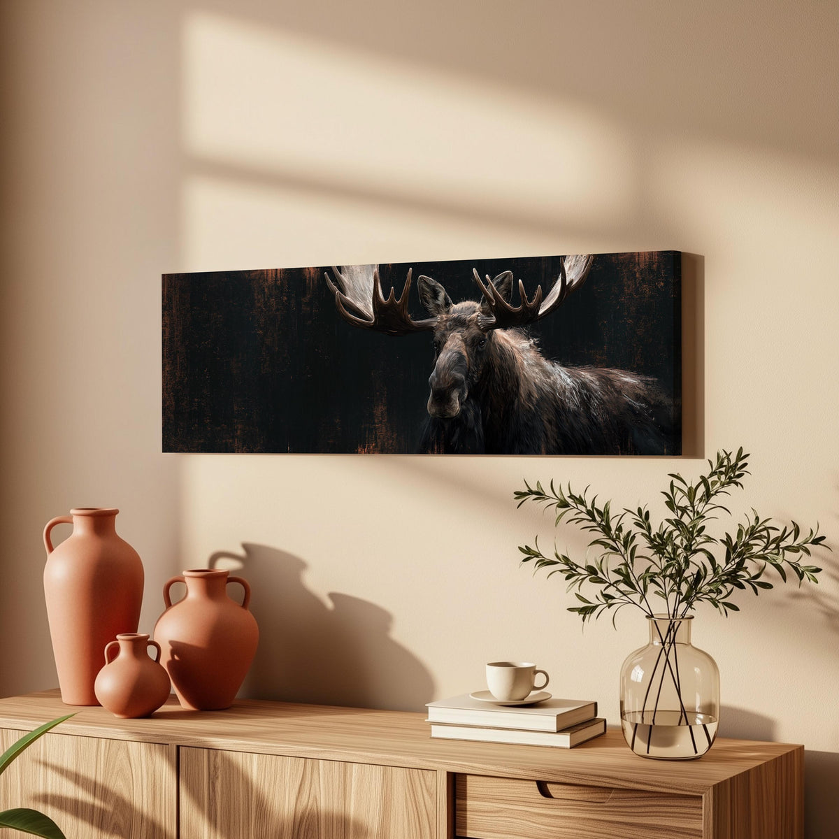 Dark moose portrait long horizontal canvas print above a wooden sideboard