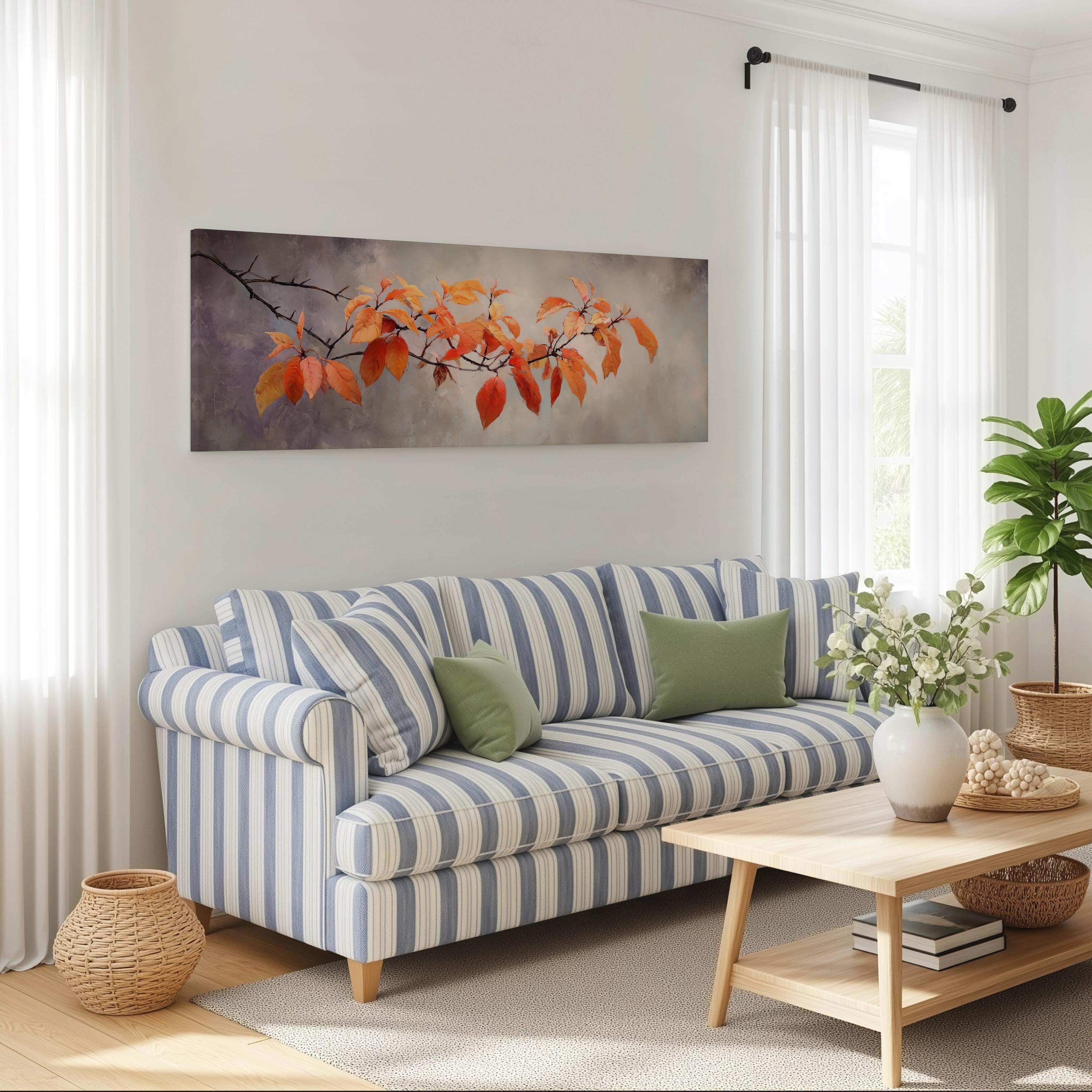 a cozy living room with a striped blue and white sofa, a wooden coffee table, and a large window with white curtains. A painting of a tree branch with orange leaves is hanging on the wall above the sofa.