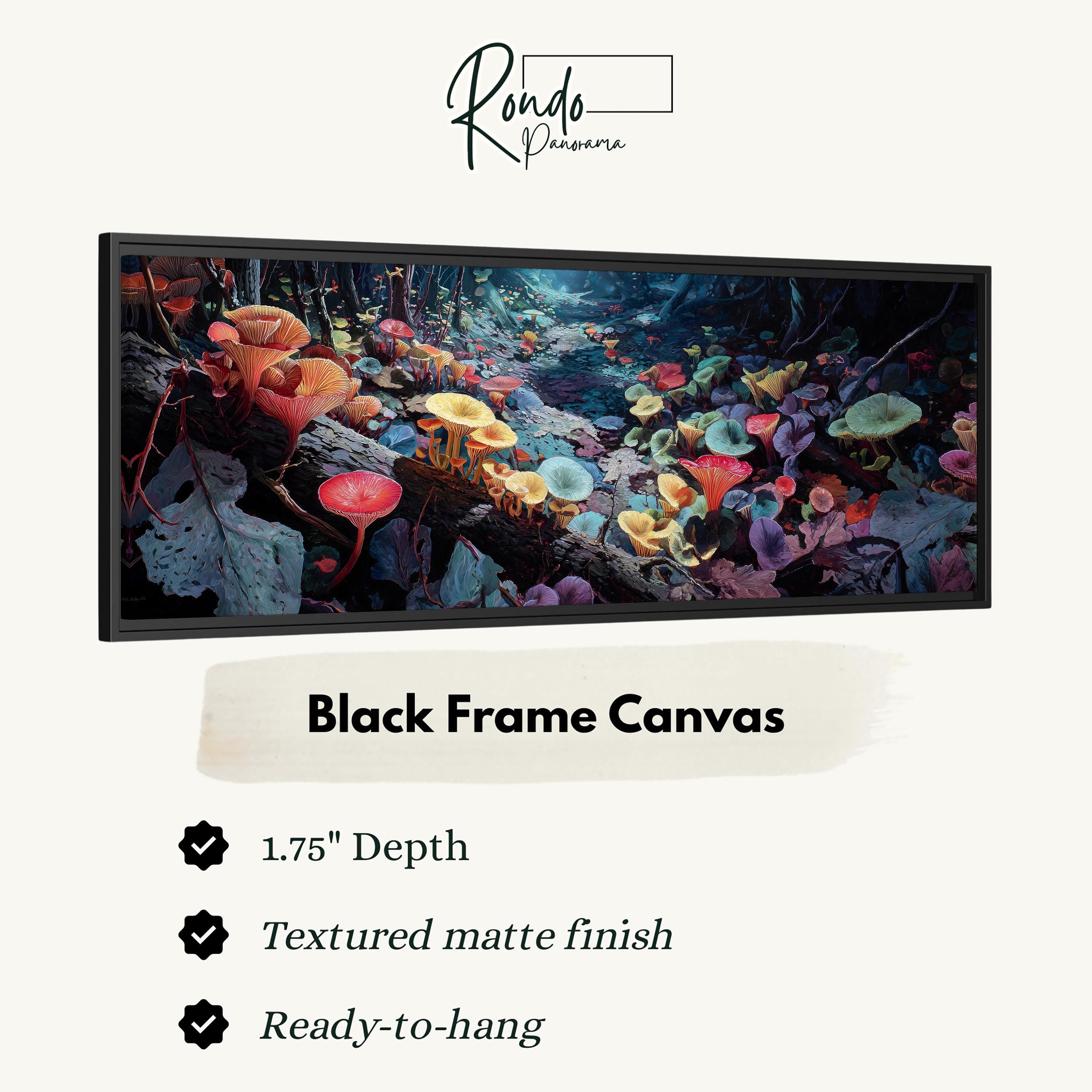 The image is a black frame canvas depicting a vibrant underwater scene with colorful mushrooms and other marine life.