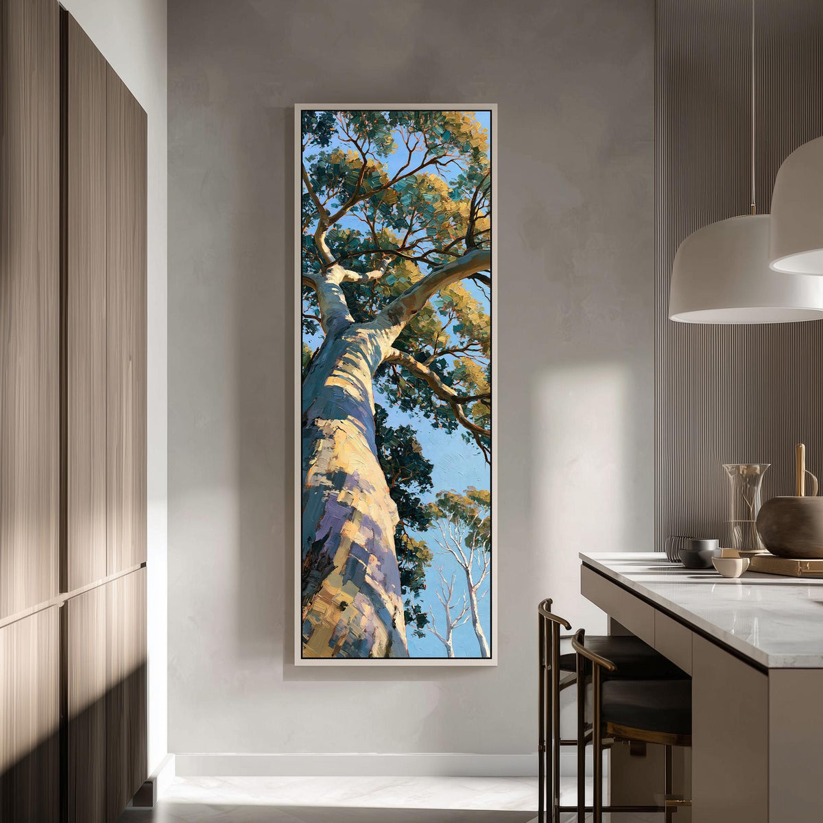 Gum tree trunk rising into a sunlit canopy tall skinny canvas print in a modern kitchen