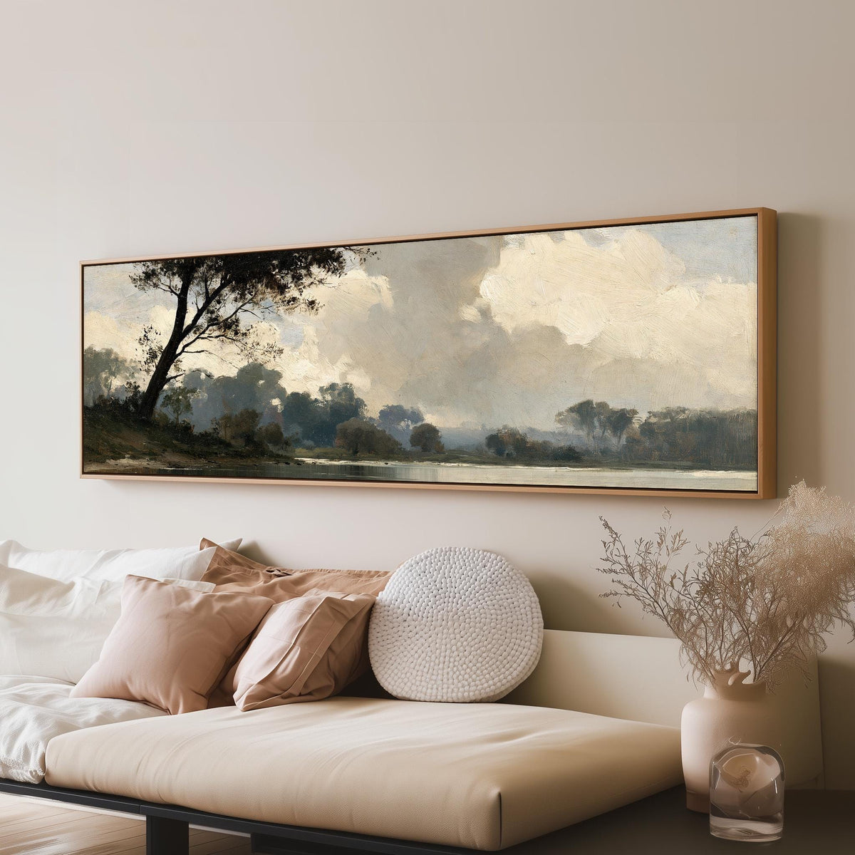 Misty river landscape in grey blue tones long horizontal canvas print above a sofa in a living room