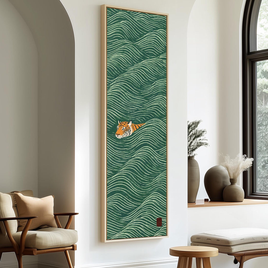 Tiger swimming through green waves long vertical canvas print in a sunlit living space