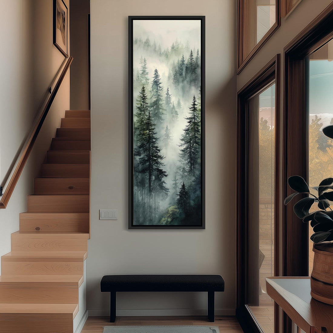 a large painting of a forest scene hanging on a wall, with sunlight streaming in through a window and casting shadows on the wall.
