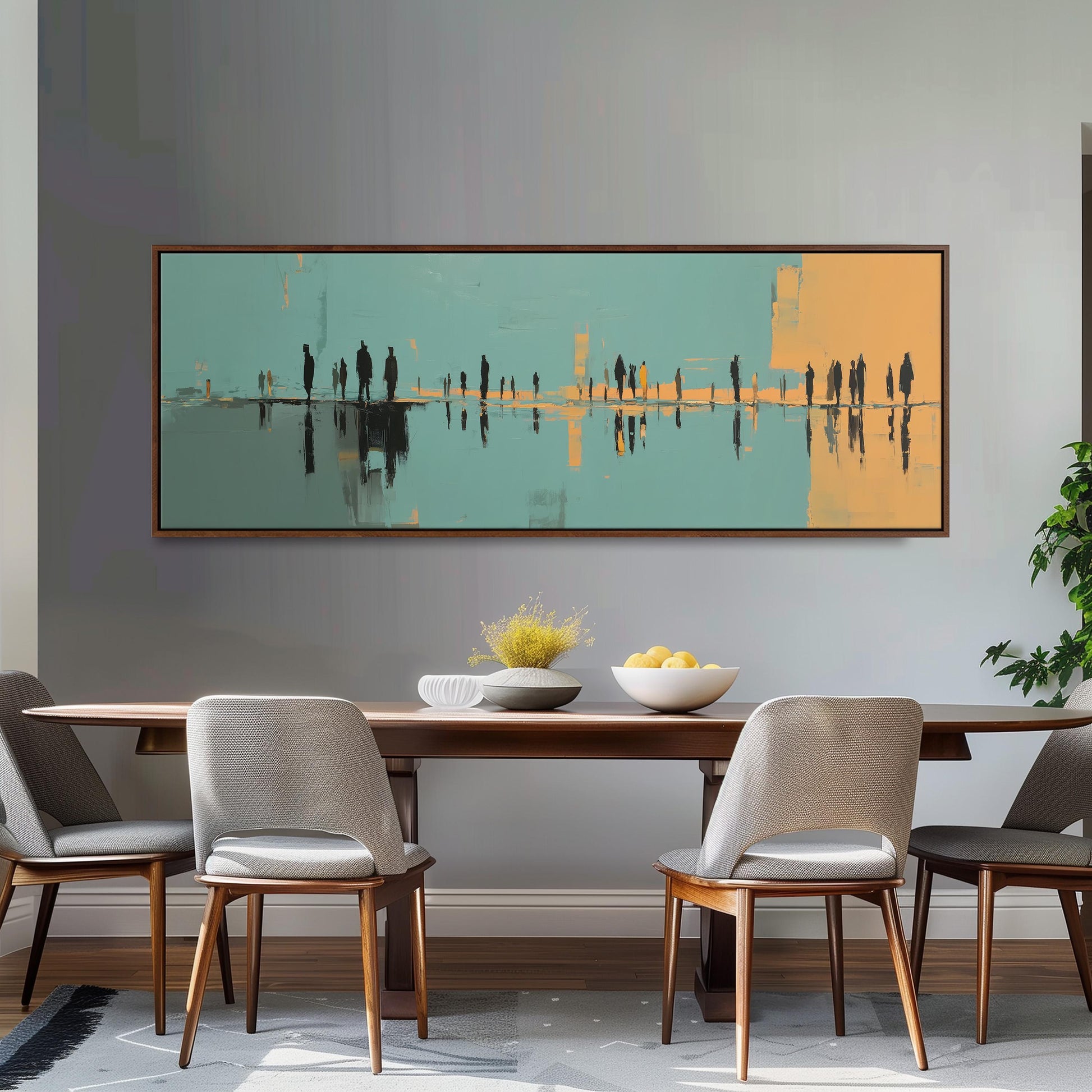 a dining room with a wooden table and four chairs. Above the table, there is a large painting depicting a group of people in a cityscape. The painting is framed and hangs on the wall above the table.