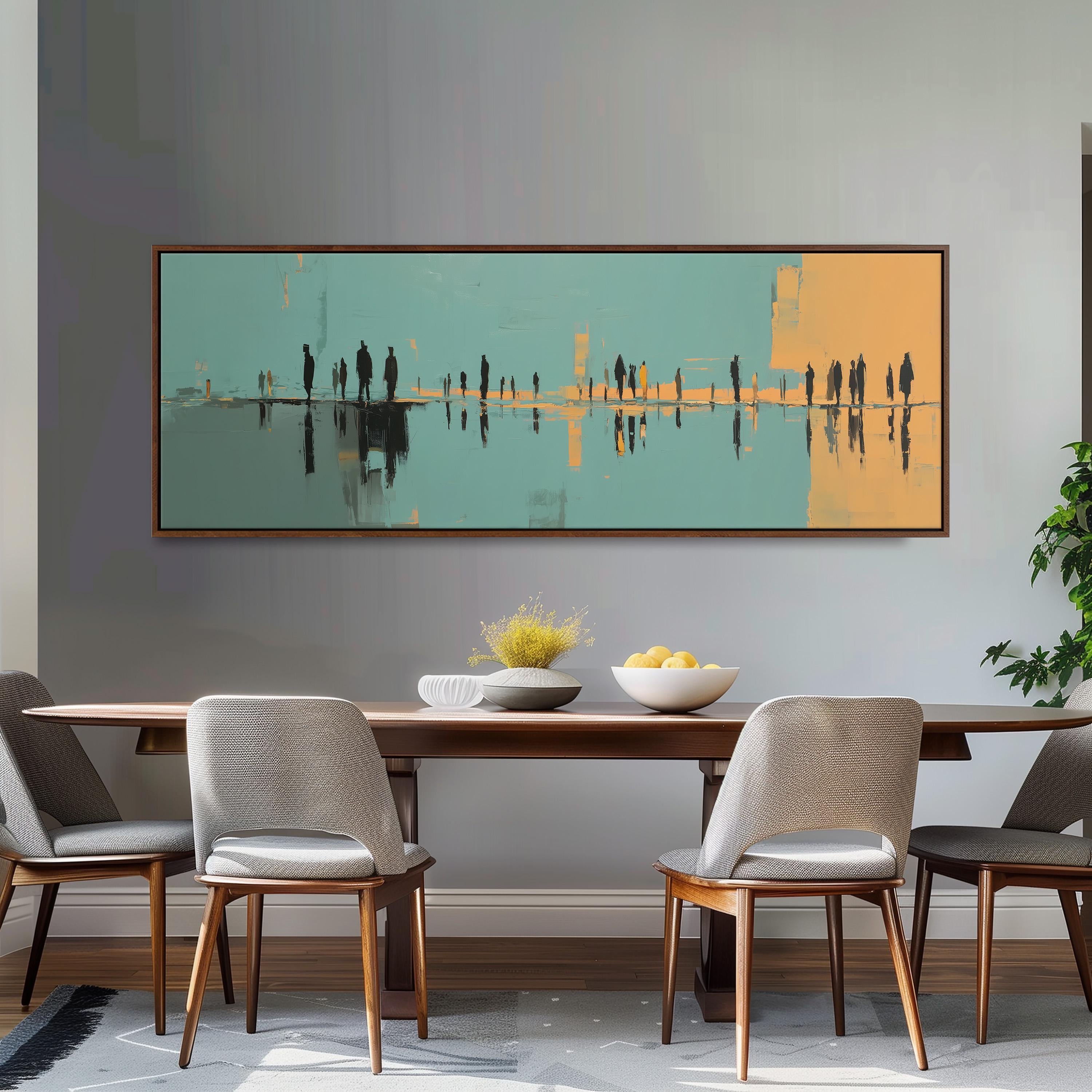 a dining room with a wooden table and four chairs. Above the table, there is a large painting depicting a group of people in a cityscape. The painting is framed and hangs on the wall above the table.