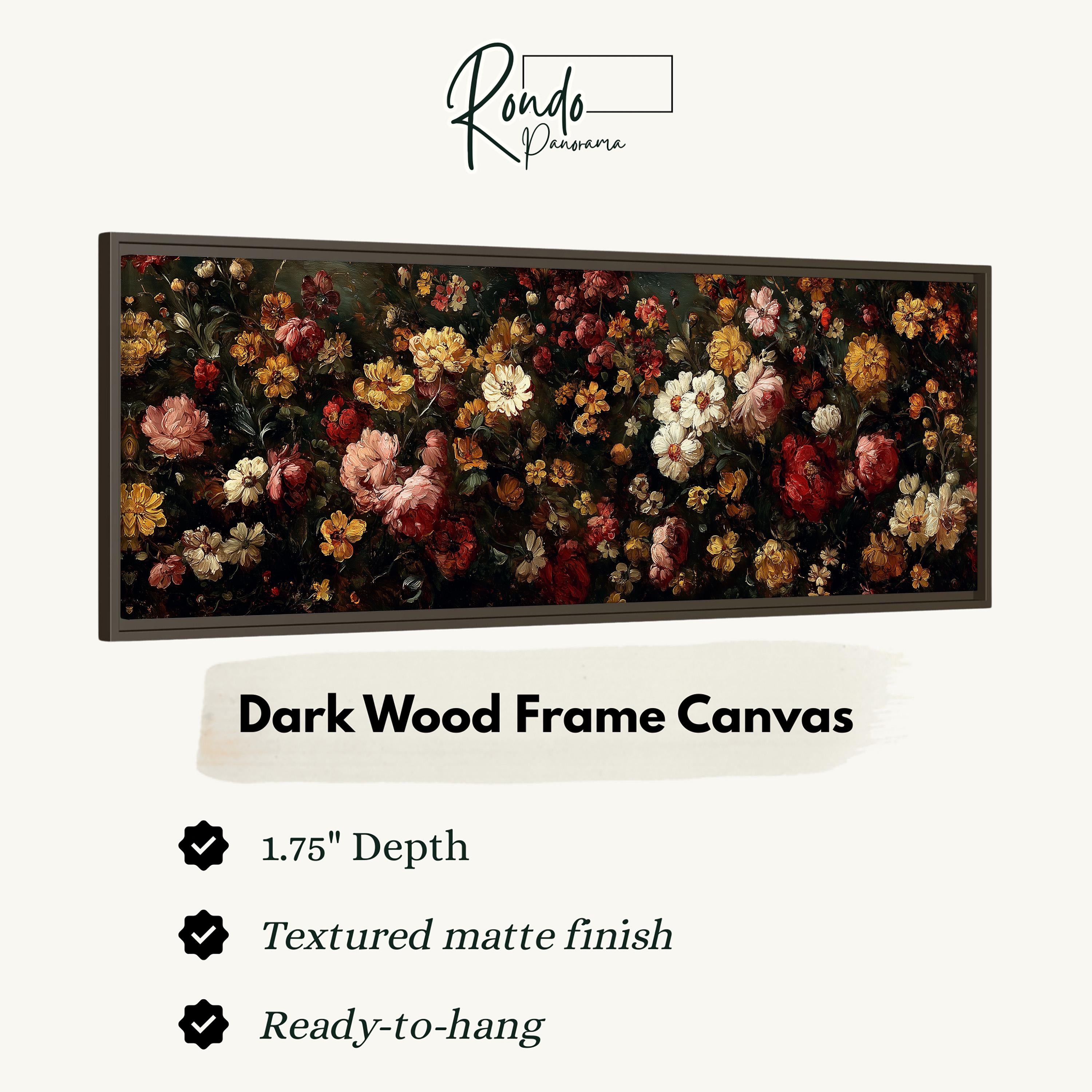 The image is a framed artwork depicting a vibrant floral arrangement in a dark wood frame.