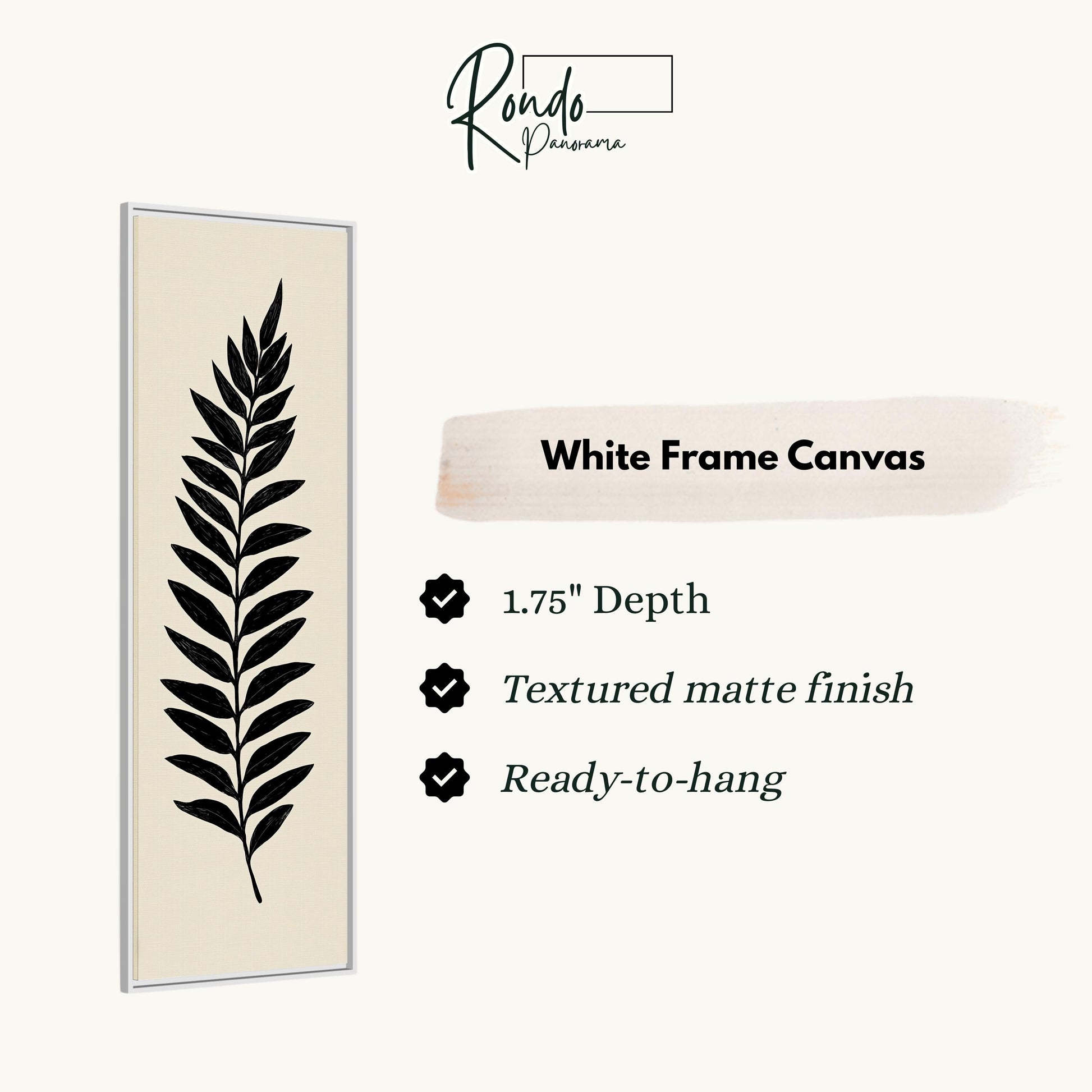 a white frame canvas with a black leaf design, and it is described as a 1.75" depth canvas with a textured matte finish and a ready-to-hang feature.