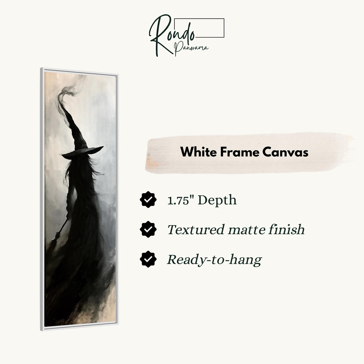 Witch silhouette with a tall hat in smoke canvas print in a white floating frame