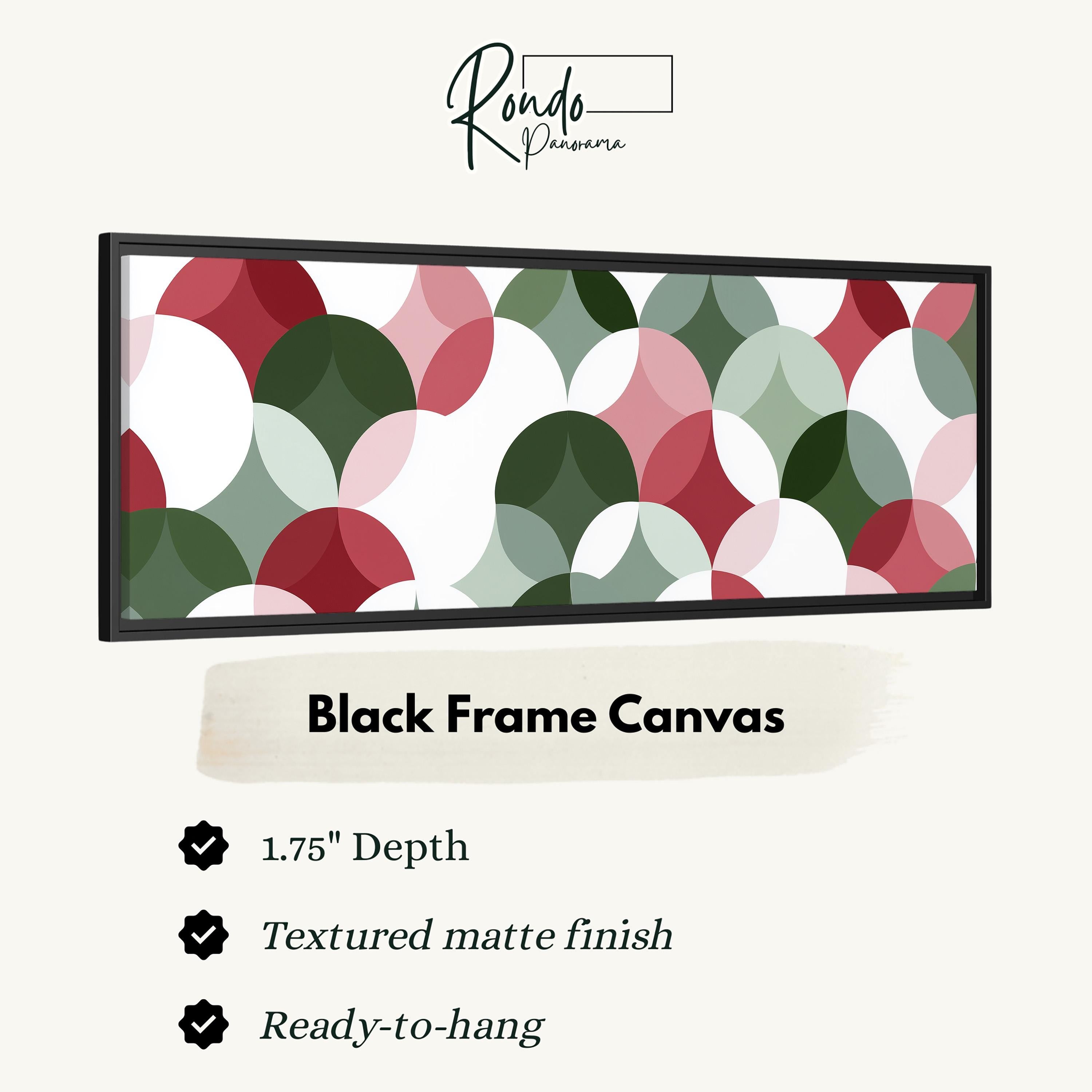 The image is a black frame canvas with a geometric pattern of overlapping circles in various shades of green, red, and white.