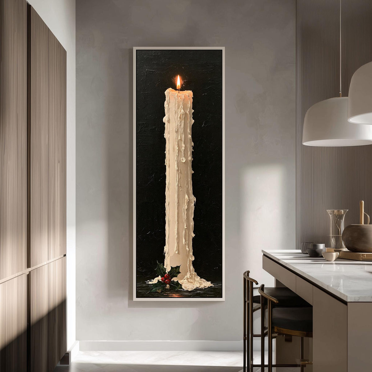 Tall dripping candle with holly tall skinny canvas print in a modern kitchen
