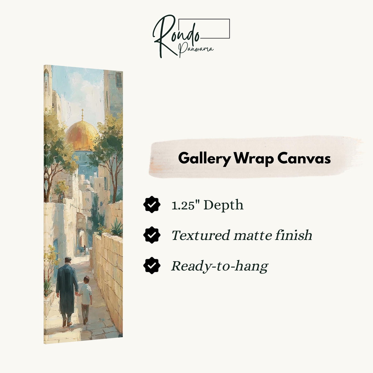 Father and child in a Jerusalem alley toward the golden dome gallery wrap canvas with the image wrapped around the edges