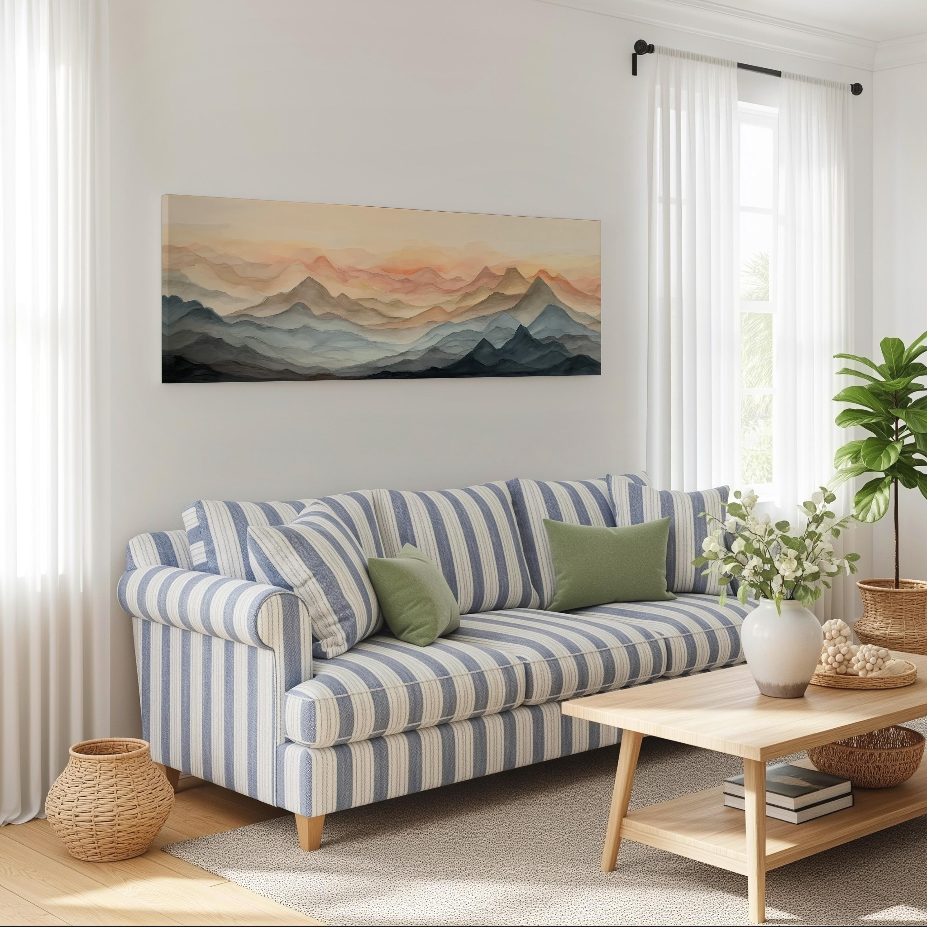 a cozy living room with a striped blue and white sofa, a wooden coffee table, and a large landscape painting hanging on the wall above the sofa.