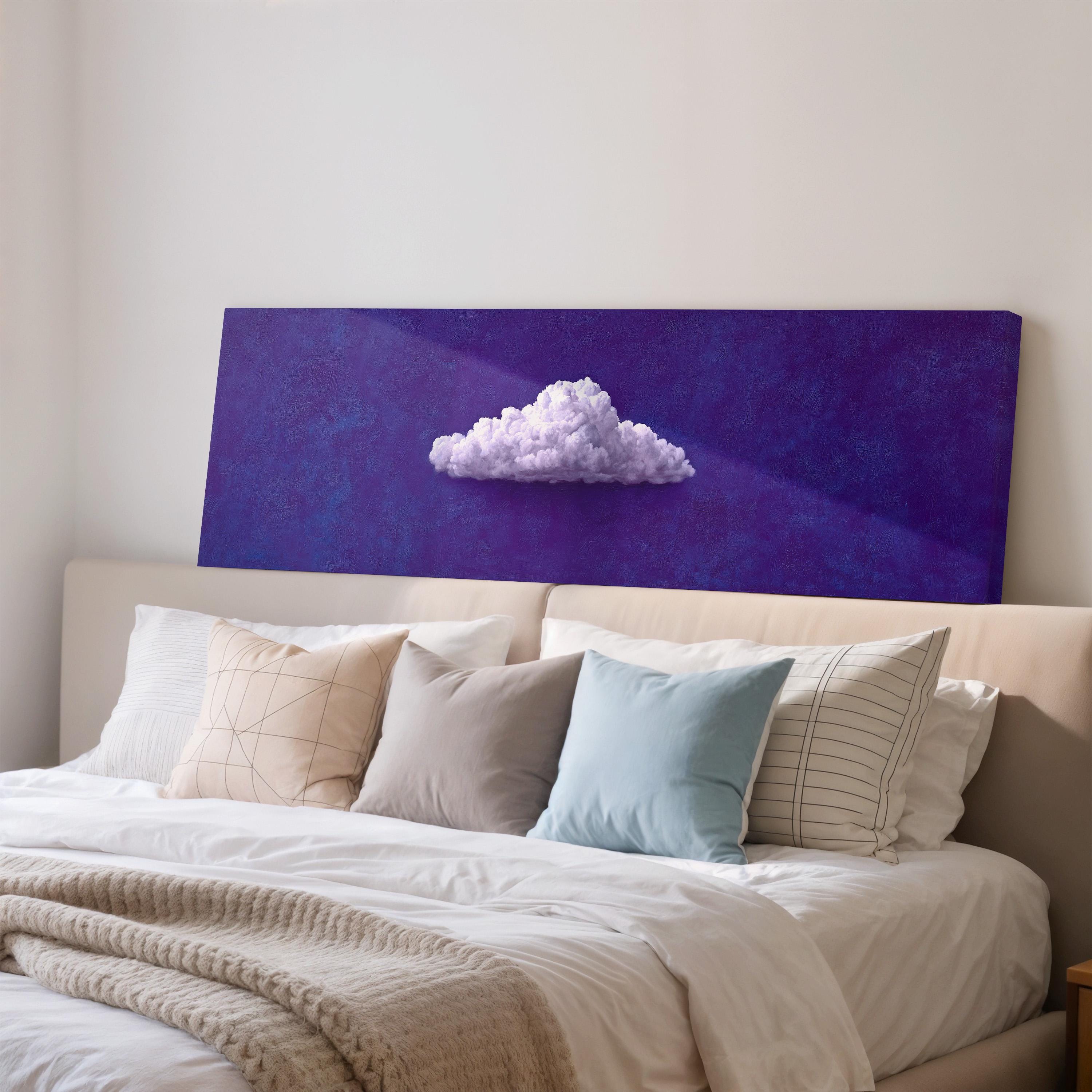 a large bed with a purple headboard and a single white cloud on the headboard.