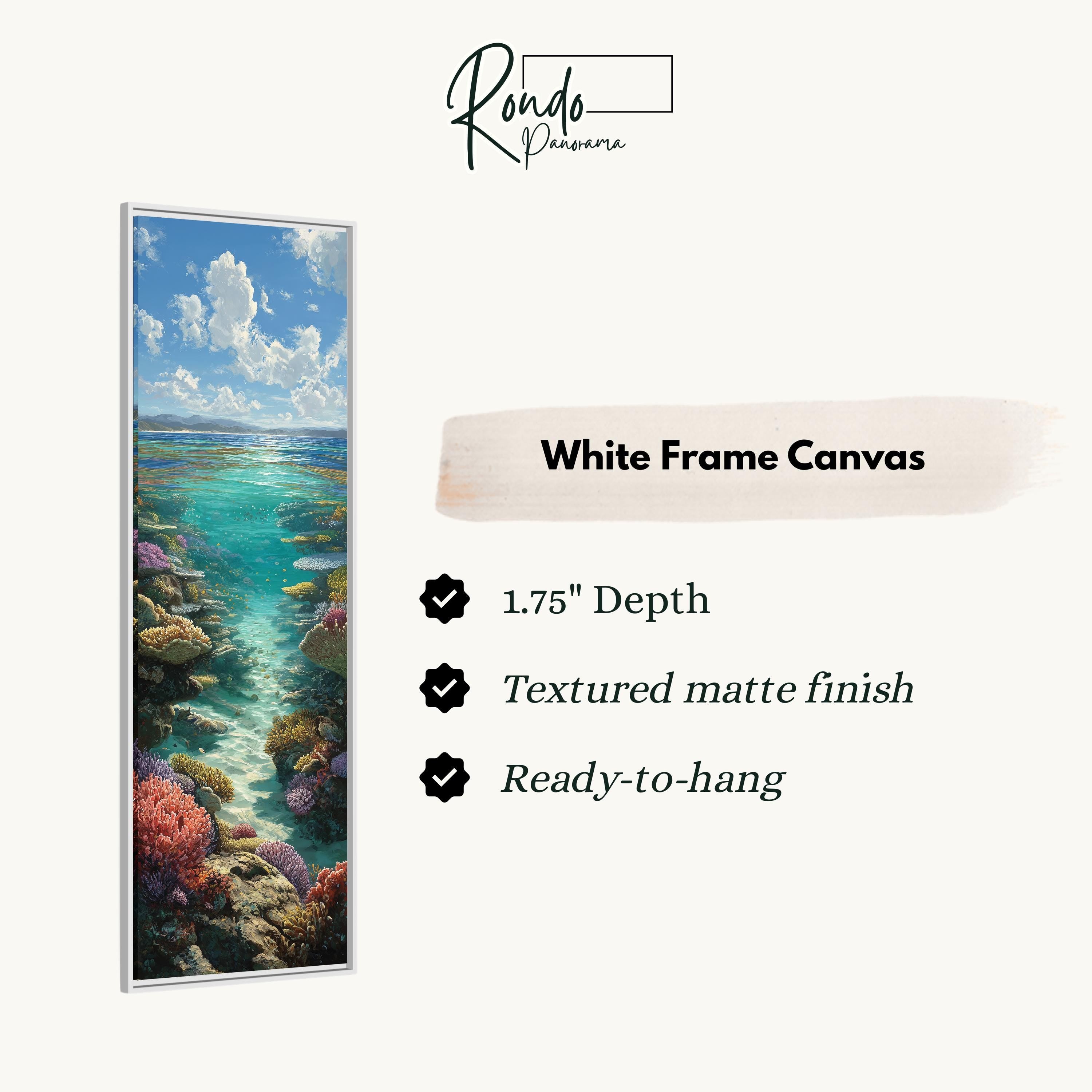 The image is a white frame canvas depicting a seascape with a coral reef.
