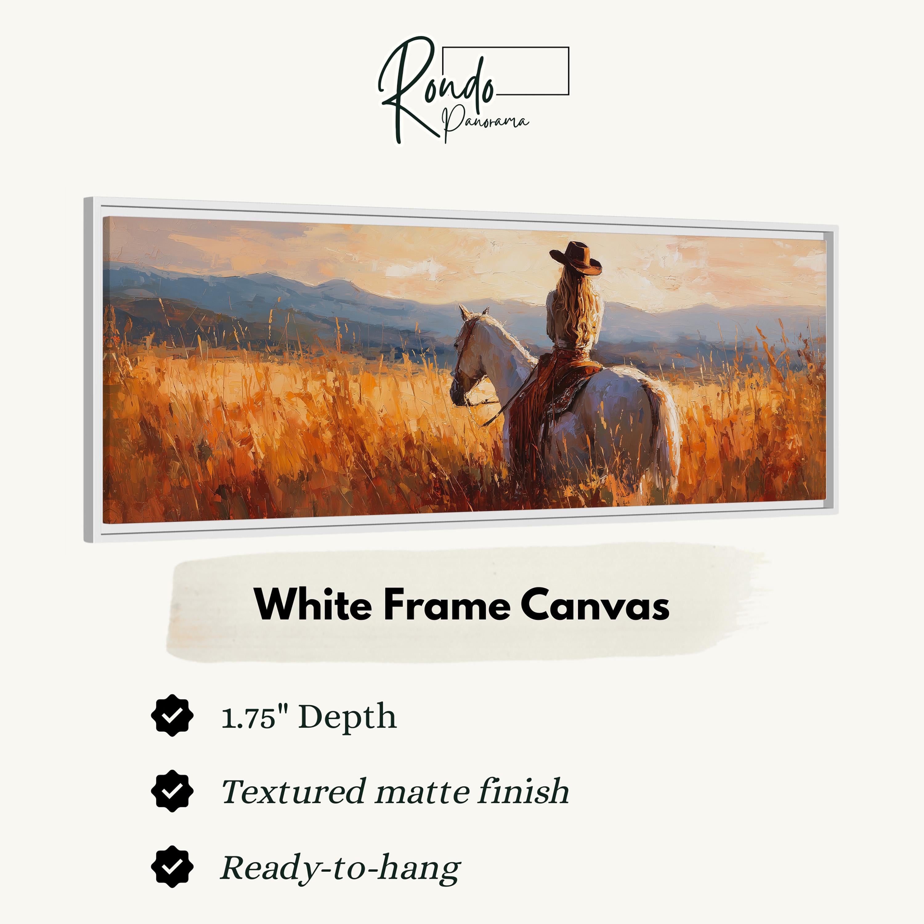 The image is a painting of a woman riding a horse in a field of tall grass.