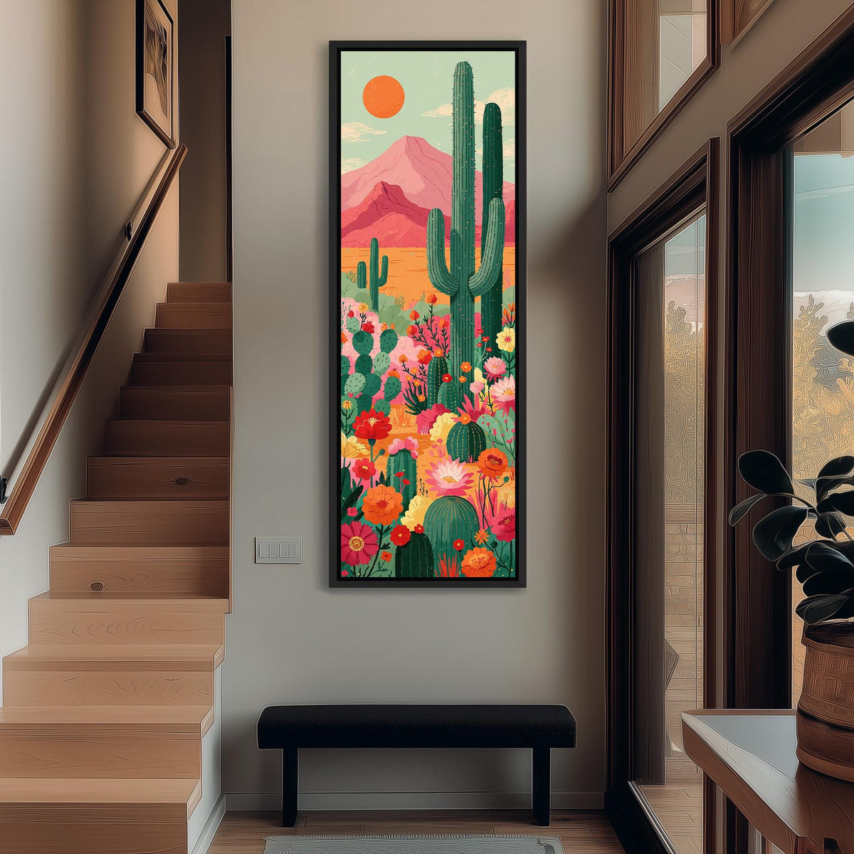 Cacti and flowers under a pink mountain tall narrow canvas print beside a staircase in an entryway