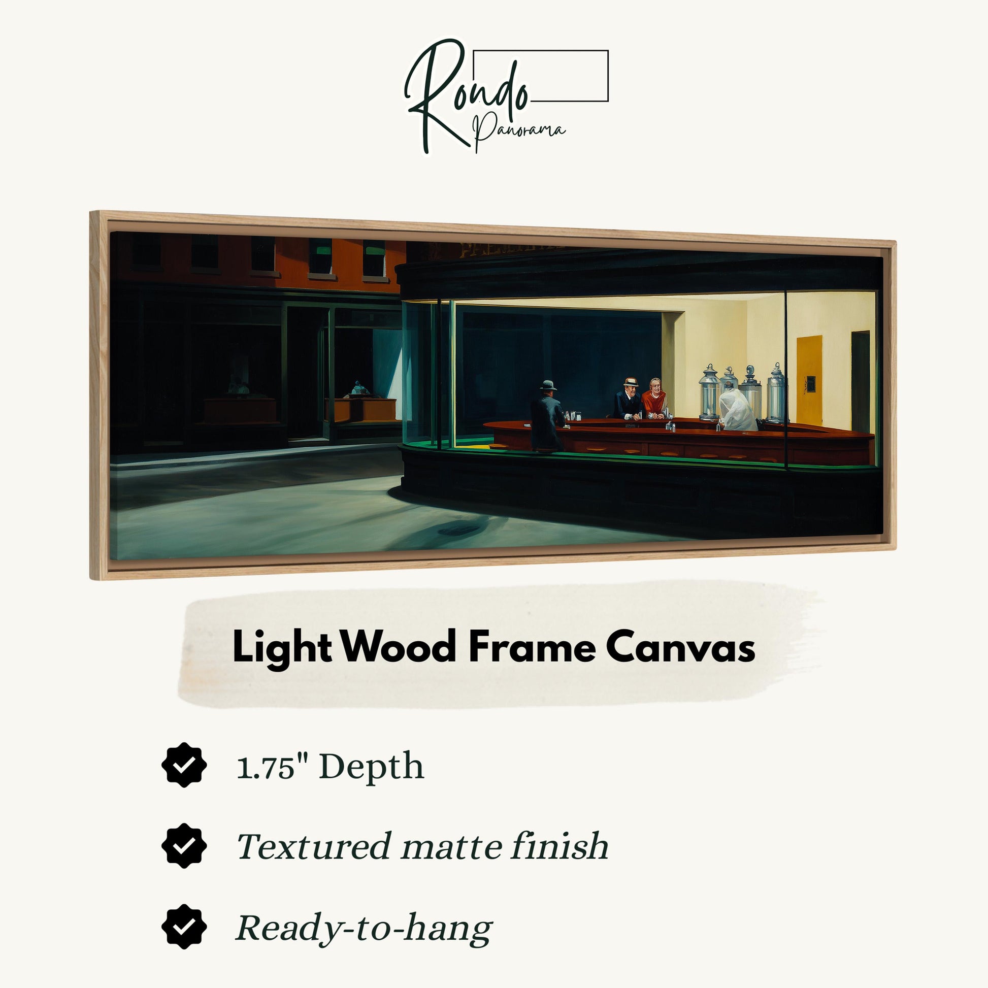 The image is a framed painting depicting a scene with a group of people in a room, possibly a bar or restaurant, with a large window providing natural light.