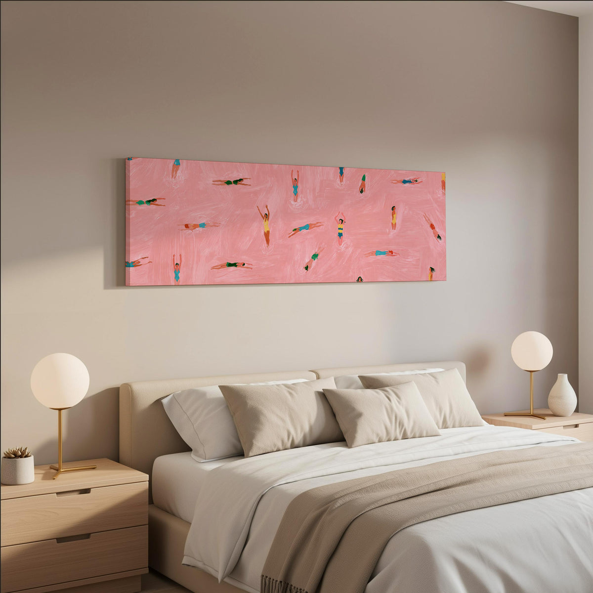 Tiny swimmers in a pink pool from above wide panoramic canvas print above a bed in a neutral bedroom