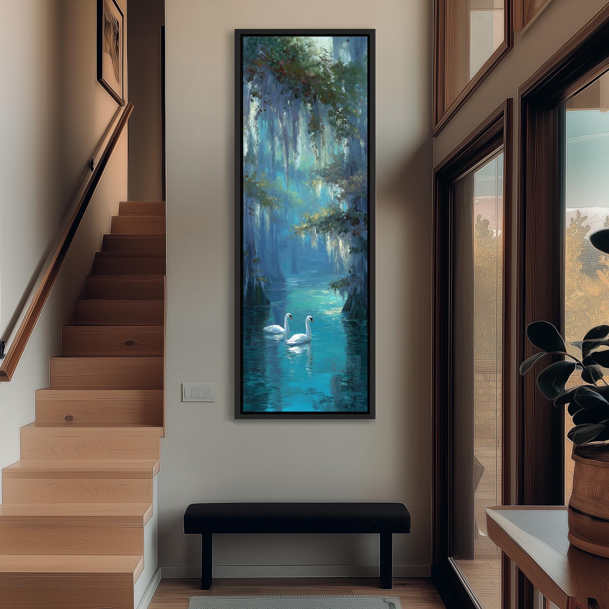 a large painting of swans swimming in a serene blue lake, hanging on a wall in a hallway.