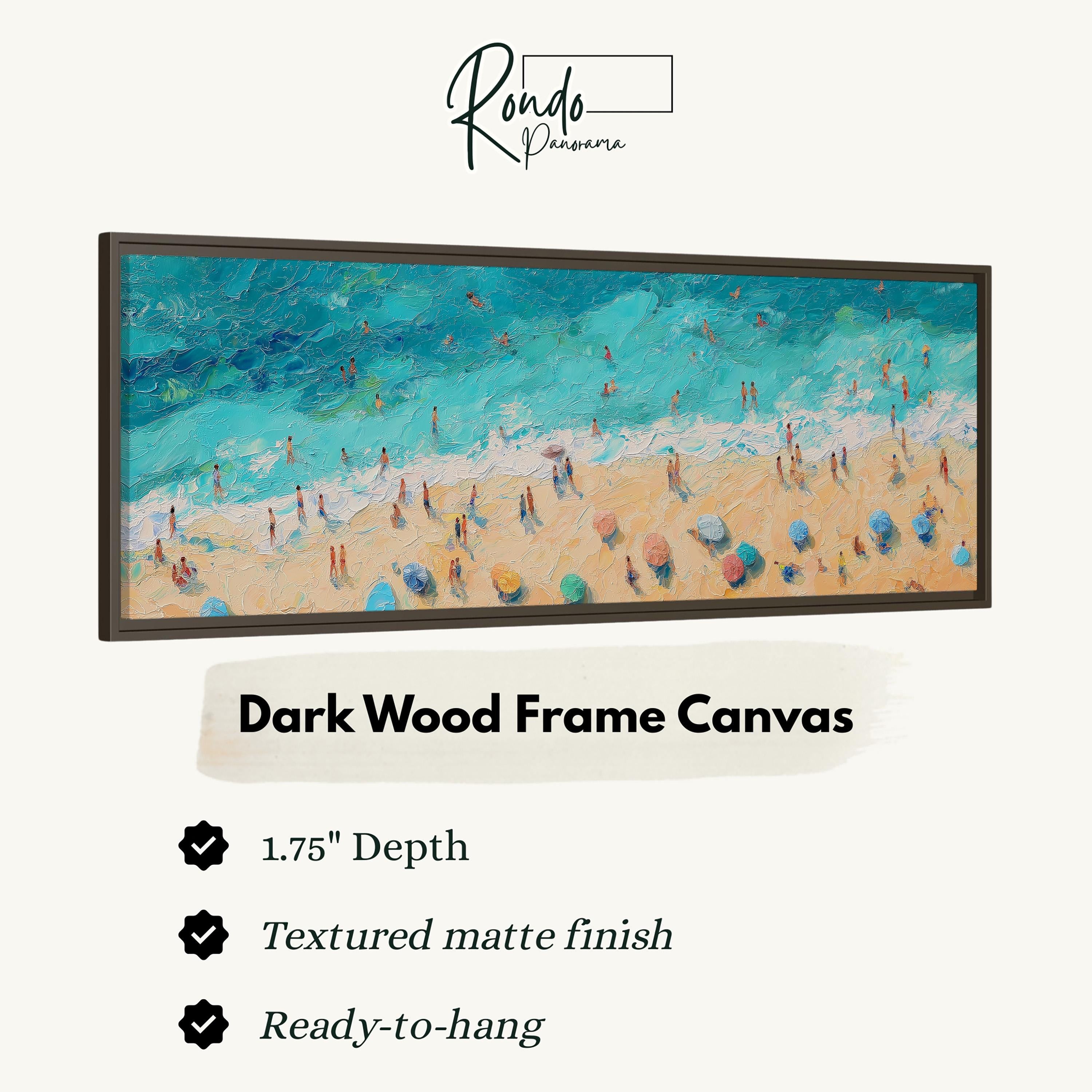 The image is a framed canvas depicting a beach scene with people and umbrellas.