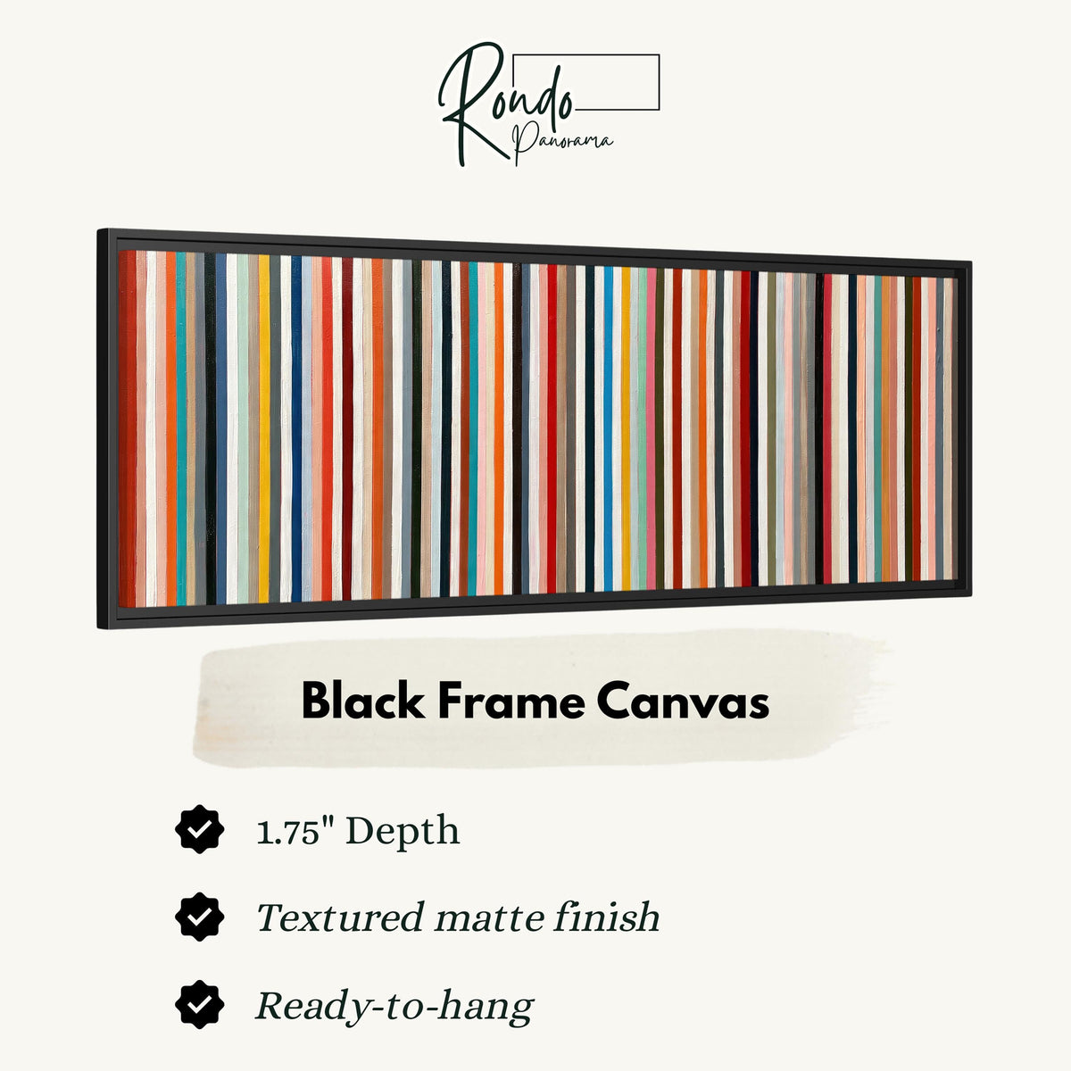 Rainbow pinstripes canvas print in a black floating frame