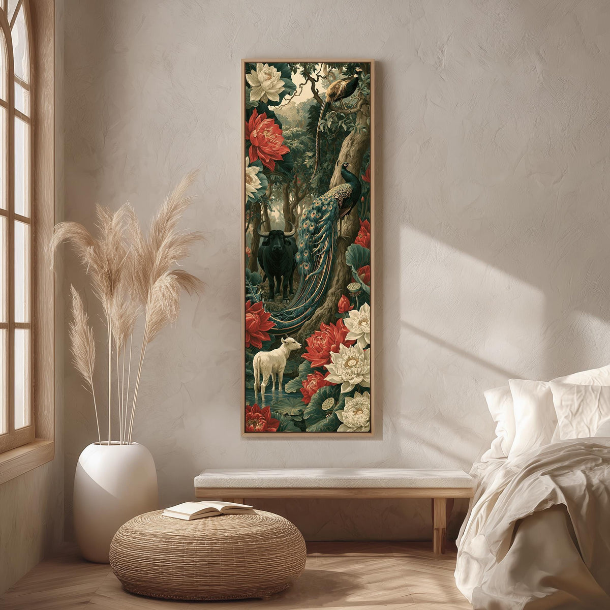 Peacock and animals in a lush jungle of lilies long vertical canvas print in a bright reading corner