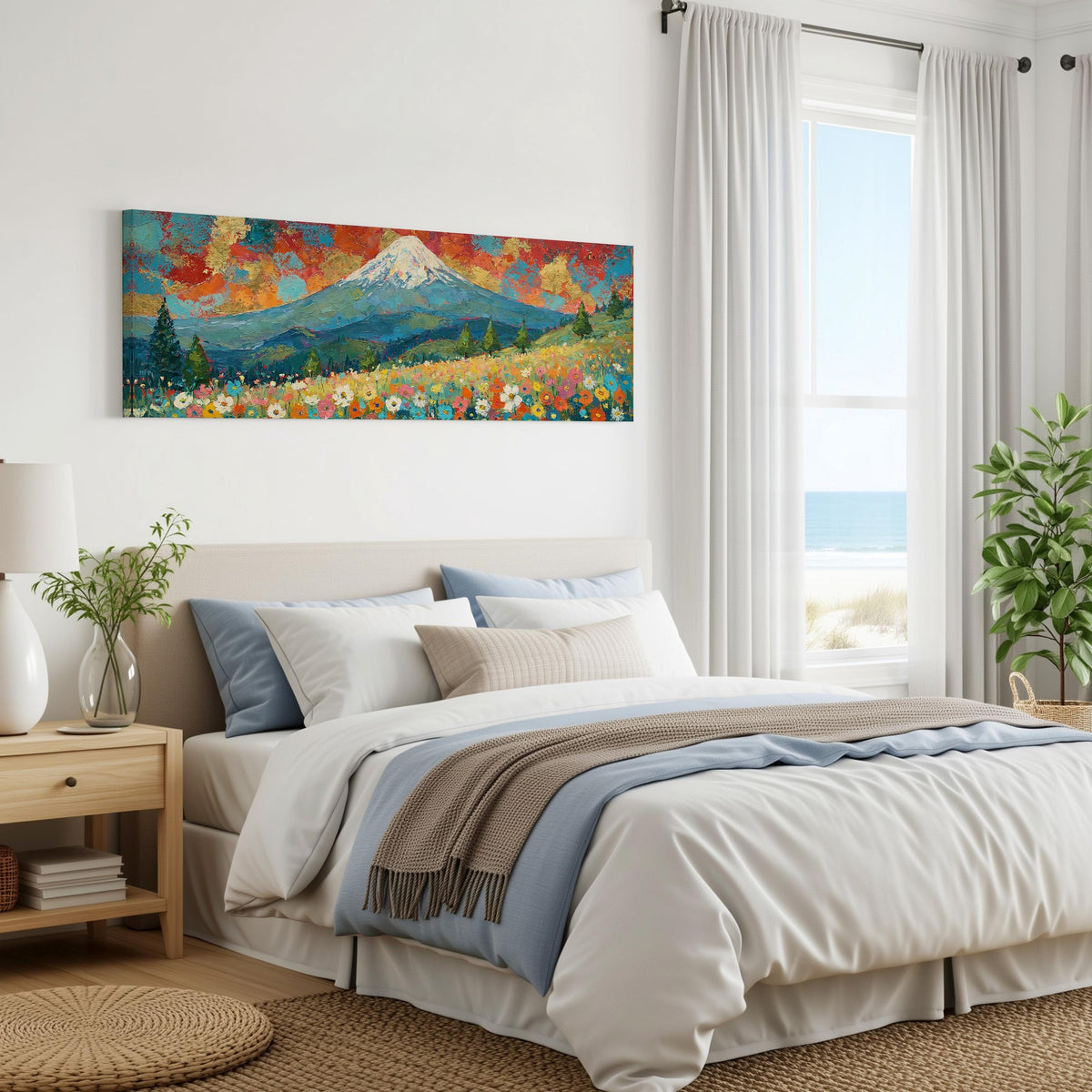 Mount Fuji under a red and gold sunset sky panoramic canvas print above a bed in a coastal bedroom