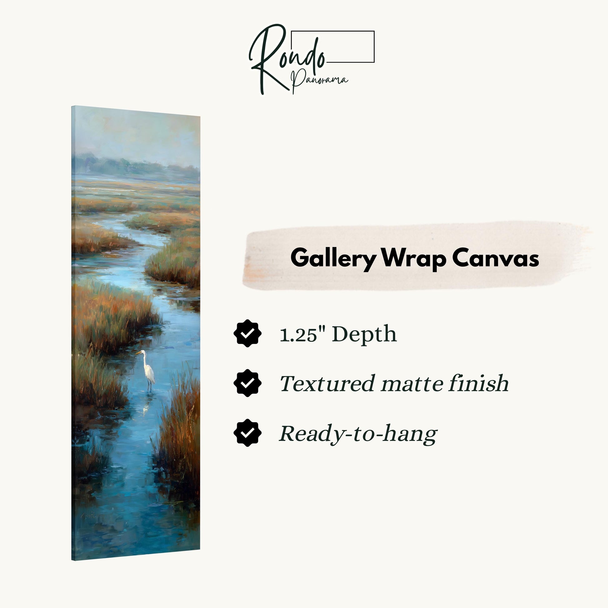 The image is a painting of a bird standing in a body of water, with a description of the artwork and its features.