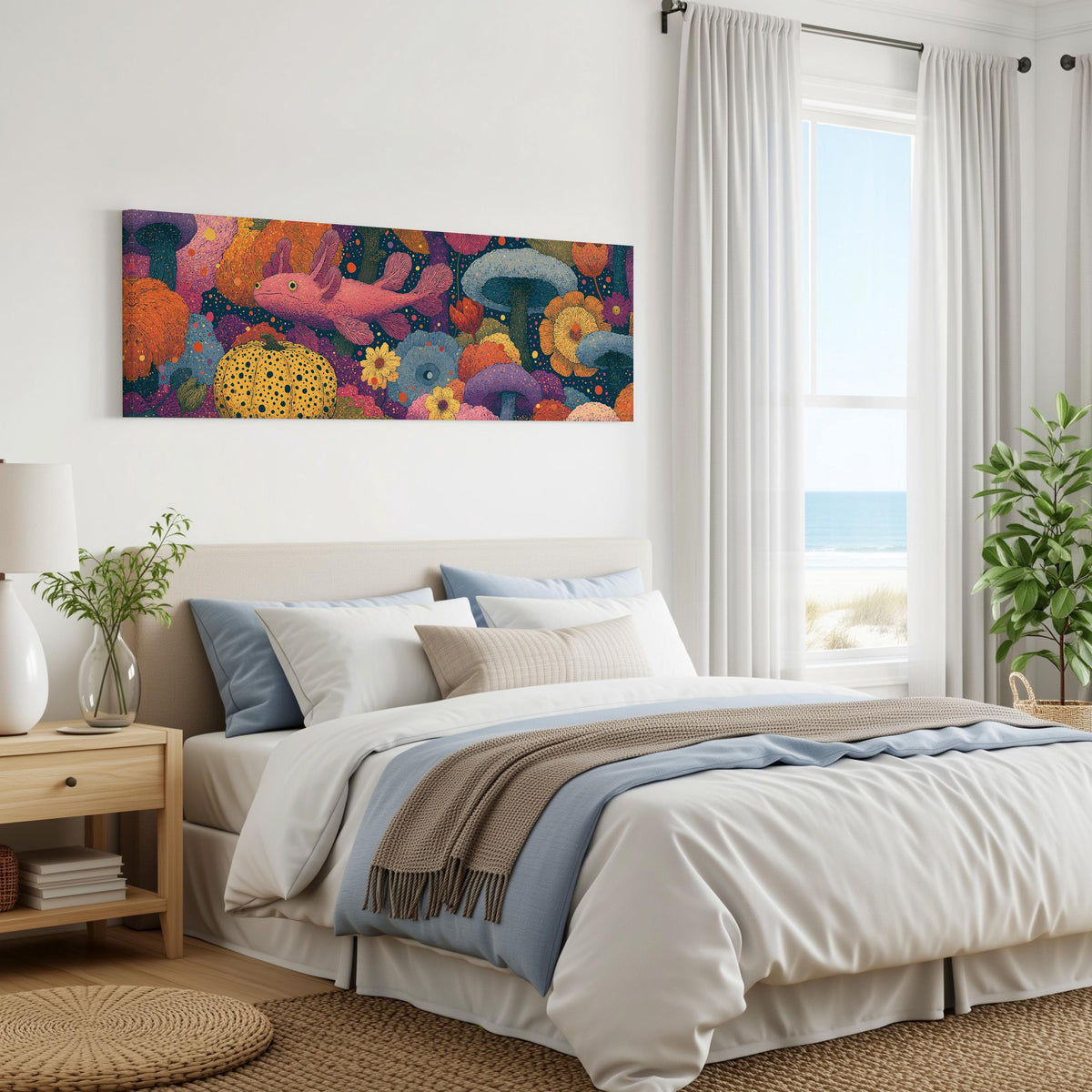 Fantasy mushrooms with a pink creature panoramic canvas print above a bed in a coastal bedroom
