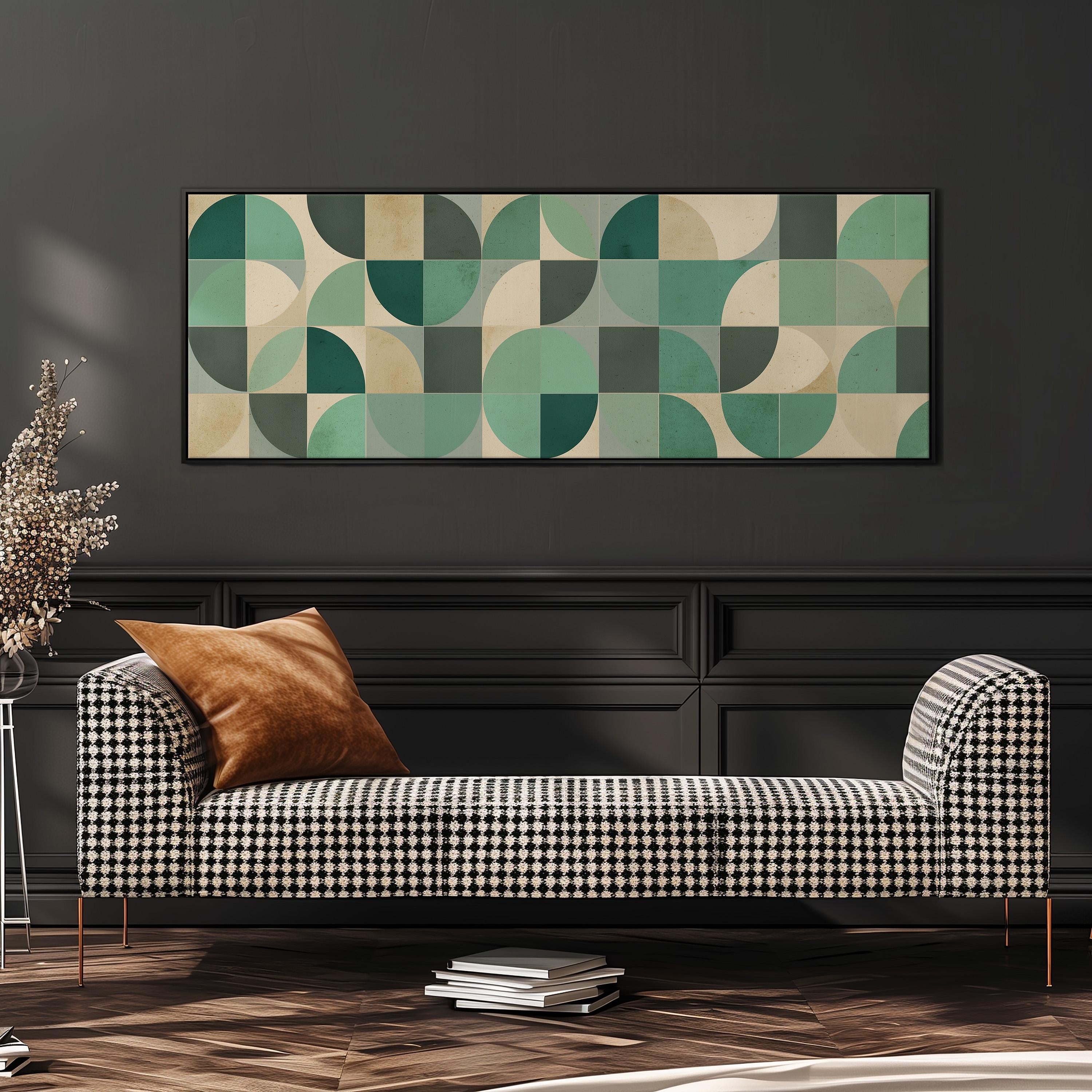 a modern living room with a black and white checkered sofa, a large abstract painting on the wall, and a stack of books on the floor.