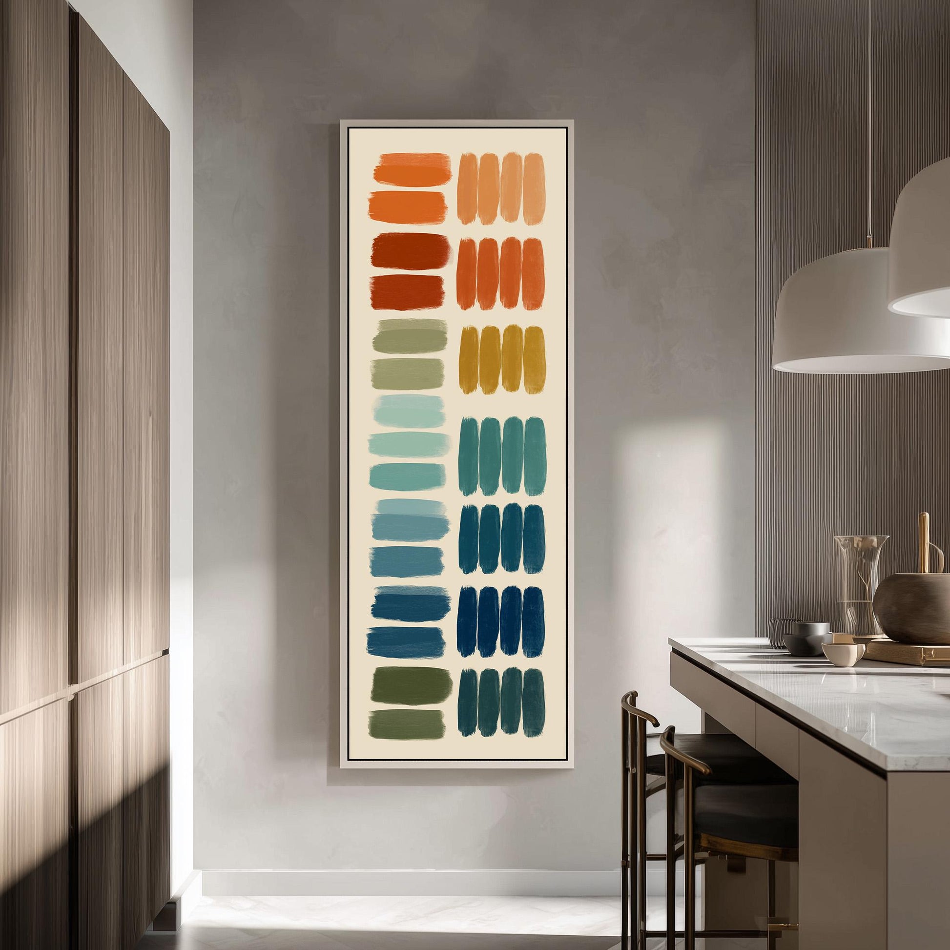 a modern kitchen with a large abstract painting hanging on the wall. The painting consists of various colored squares arranged in a vertical line, creating a vibrant and dynamic visual display.