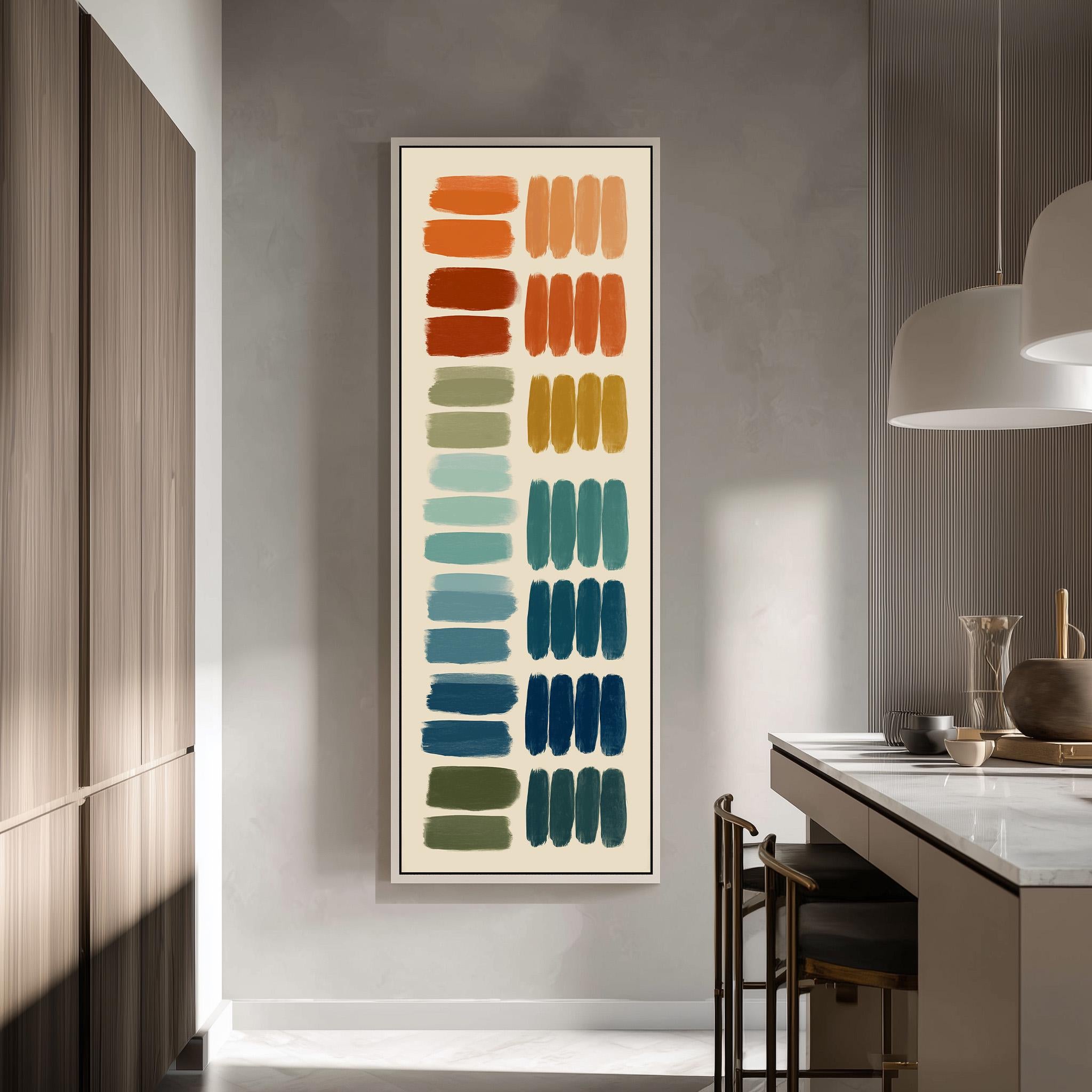 a modern kitchen with a large abstract painting hanging on the wall. The painting consists of various colored squares arranged in a vertical line, creating a vibrant and dynamic visual display.