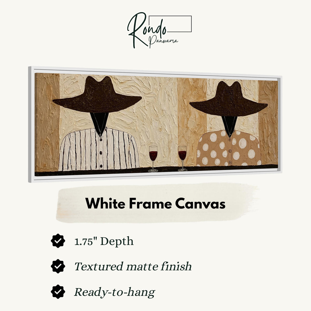 Two folk figures in hats toasting with red wine canvas print in a white floating frame