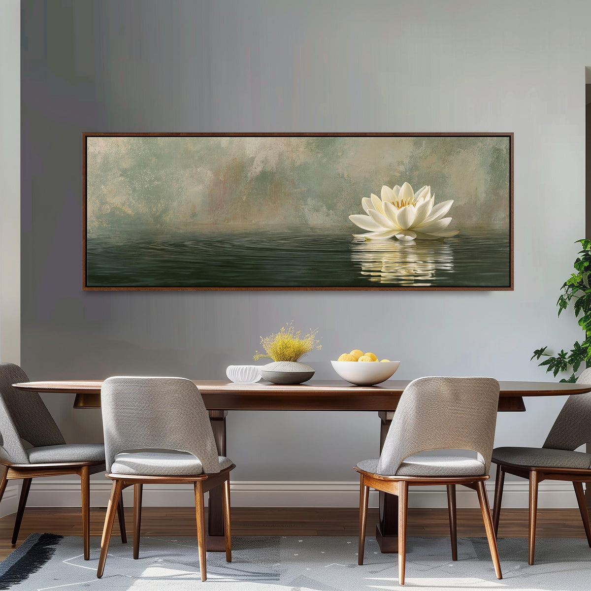 White water lily in soft mist long horizontal canvas print above a dining table