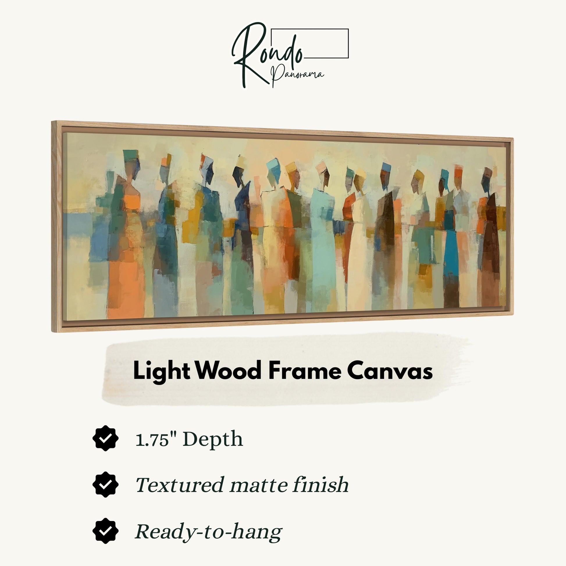 The image is a framed artwork depicting a group of people in various poses and colors.